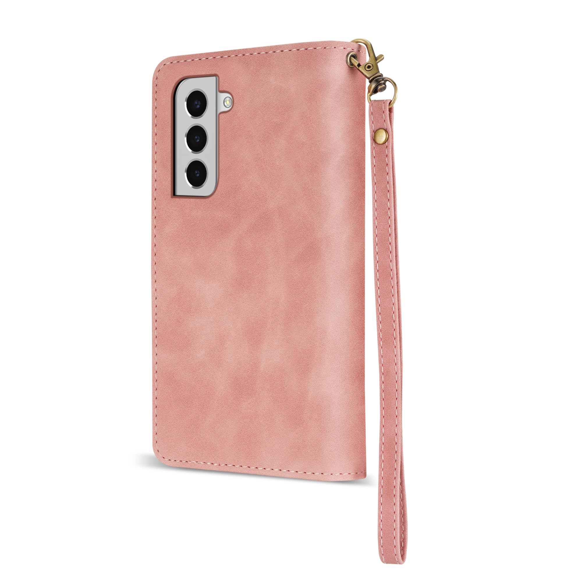 Premium Soft PU Leather Zipper Flip Wallet Case with Card Slot & Wrist Strap for Samsung Galaxy S22 Plus (6.6 Inch) - Protective Kickstand Folio Cover for Daily Use, Travel & Business (Pink)