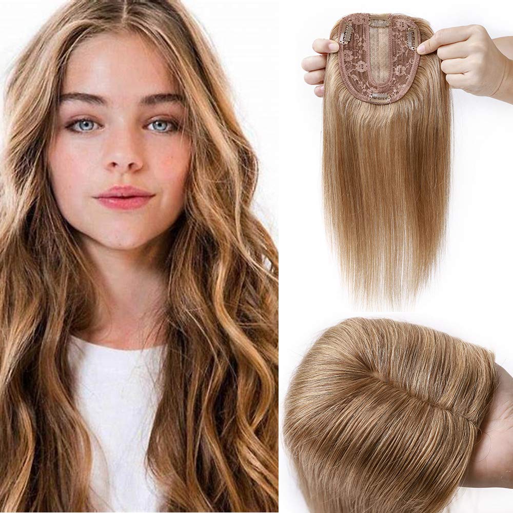 SEGO 12 Inch Human Hair Toppers for Women - 120% Density Silk Base Real Hair Topper - Handmade Toupee Wiglet for Hair Loss & Thinning - Dark Blonde 27# - Cover Gray Hair - Perfect for Daily Wear, Parties & Special Occasions