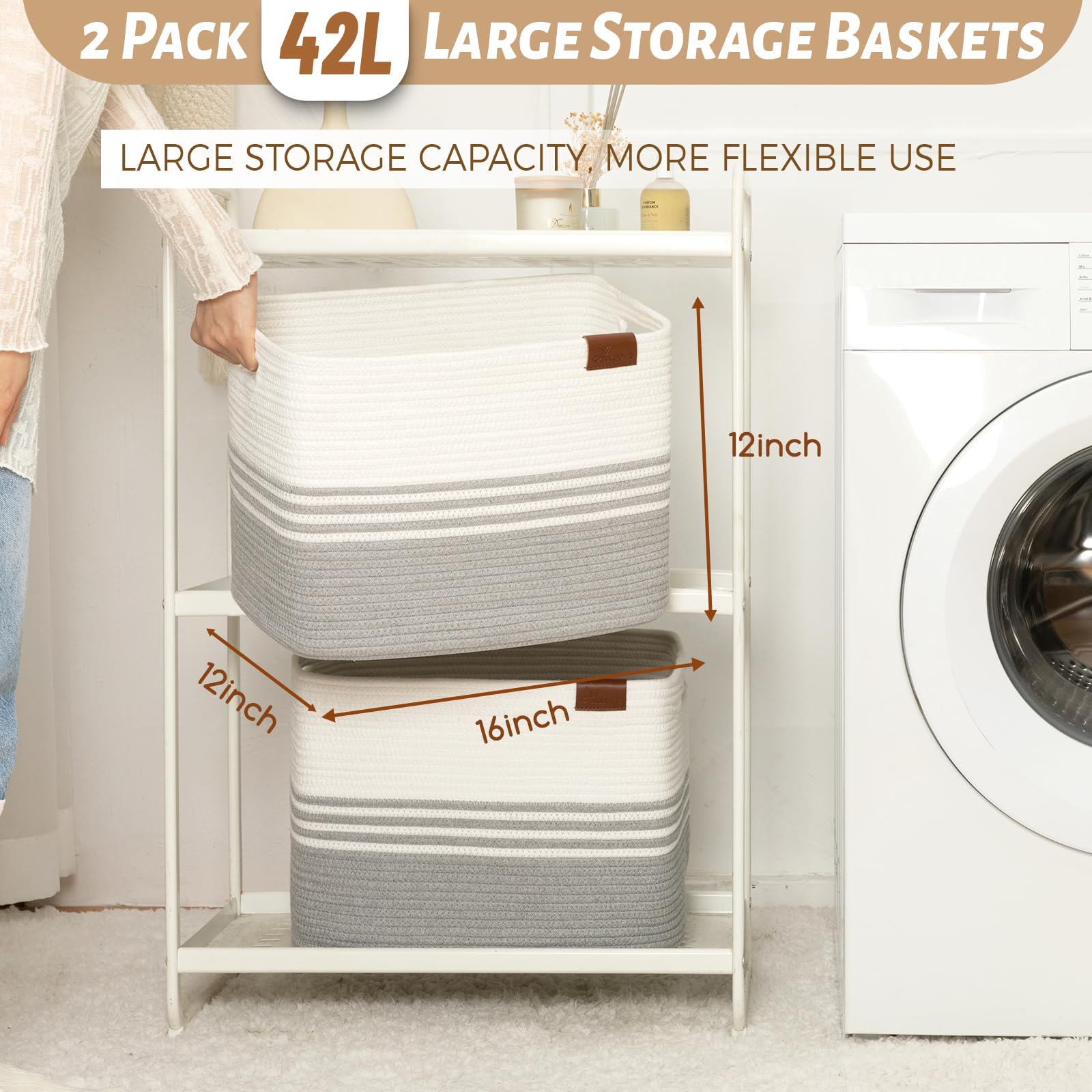 42L Storage Baskets 2-Pack - Cotton Rope Organizing Bins for Laundry, Blankets & Toys - Perfect for Closet, Living Room, Bedroom & Laundry Room Organization - Grey Home Storage Solutions