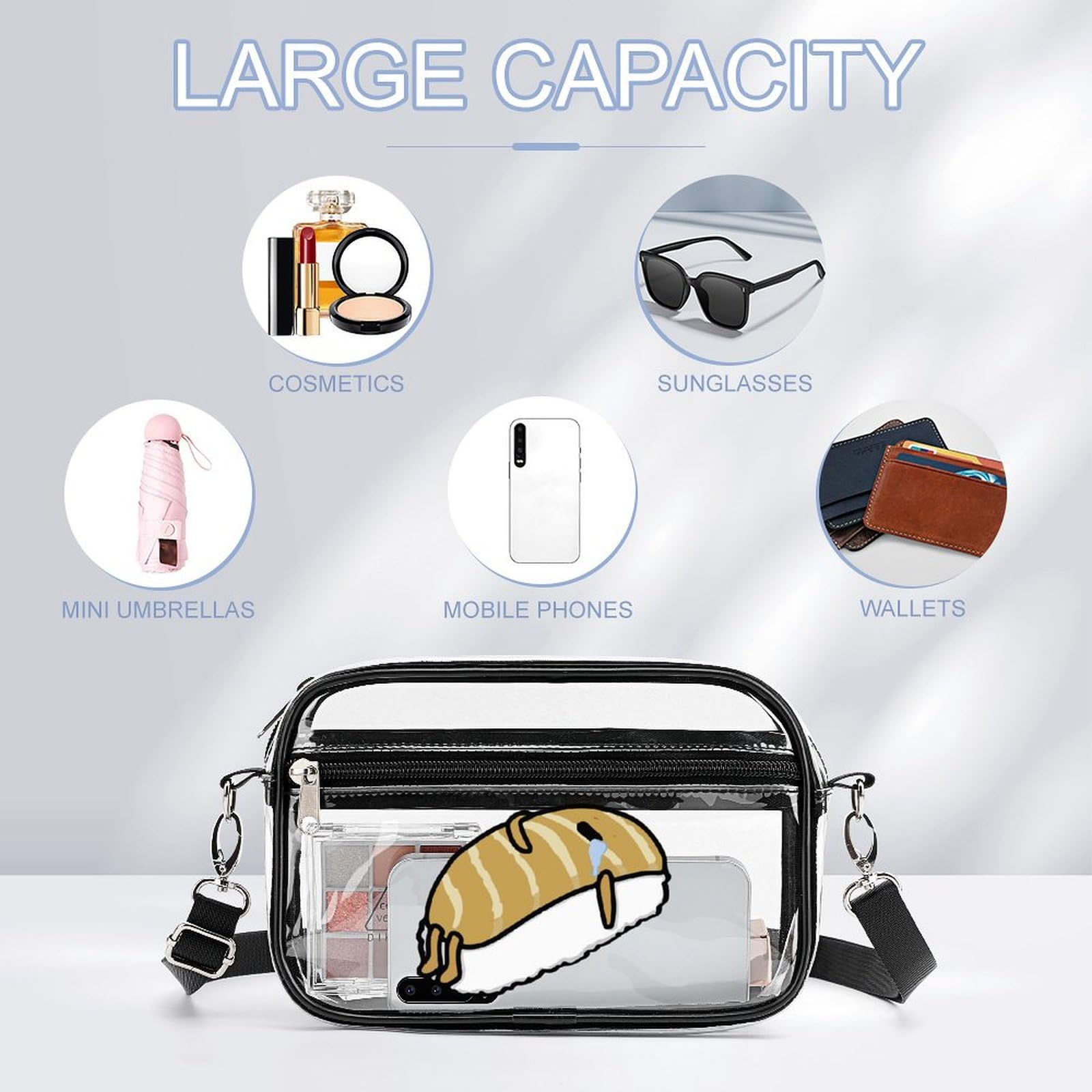 Stylish Clear Crossbody Bag for Concerts, Sports Events & Festivals - Cute Fish Sushi Design, Stadium Approved Shoulder Purse for Women, Perfect for Music Festivals, Travel & Outdoor Activities