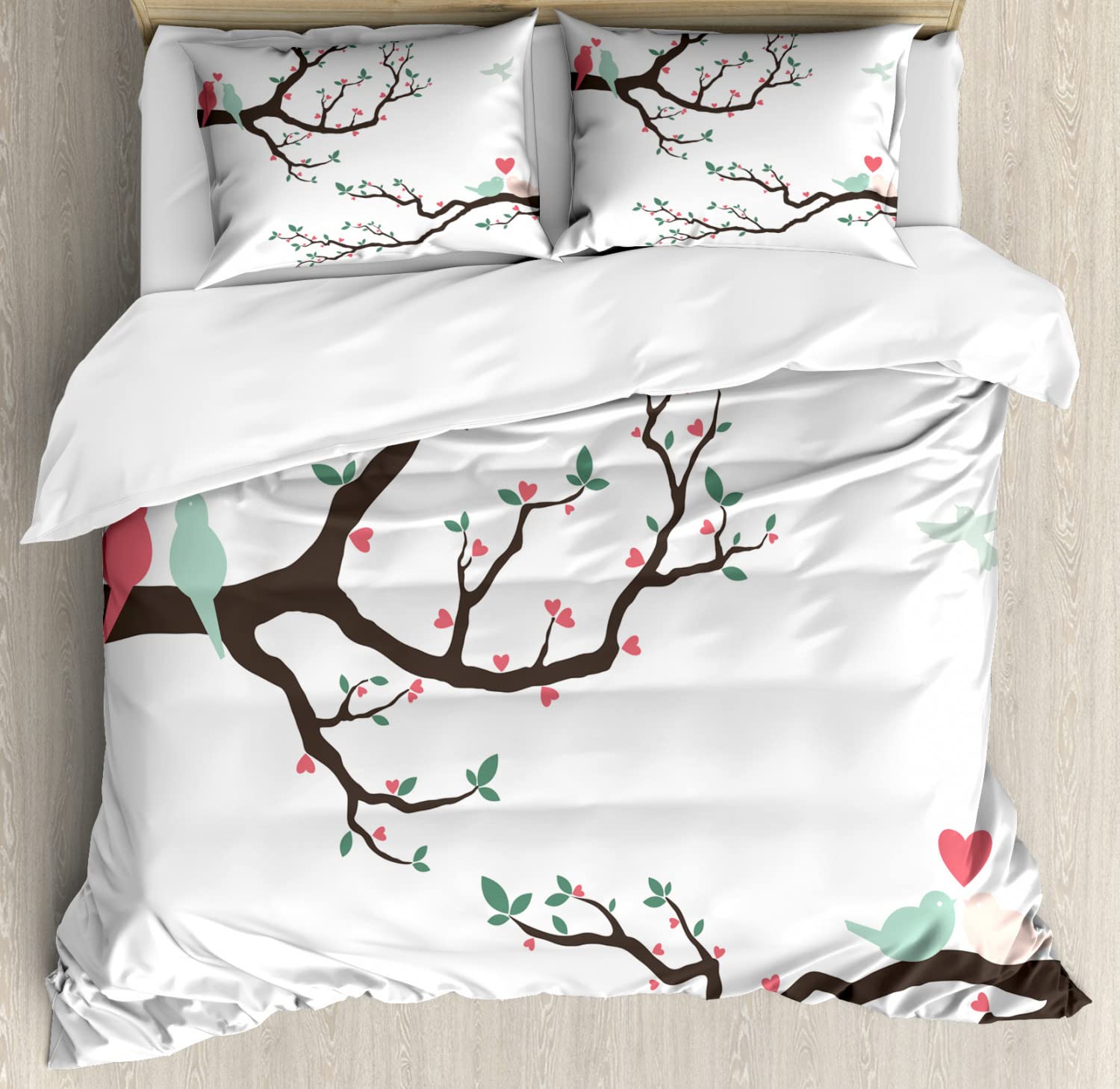 Ambesonne Love Duvet Cover Set - Retro Birds on Tree Branch Design, King Size 2-Pack with 2 Duvet Covers & 4 Pillowcases, Green Pink Brown - Perfect for Romantic Bedroom Decor, Anniversary Gifts, and Vintage Style Home Decor