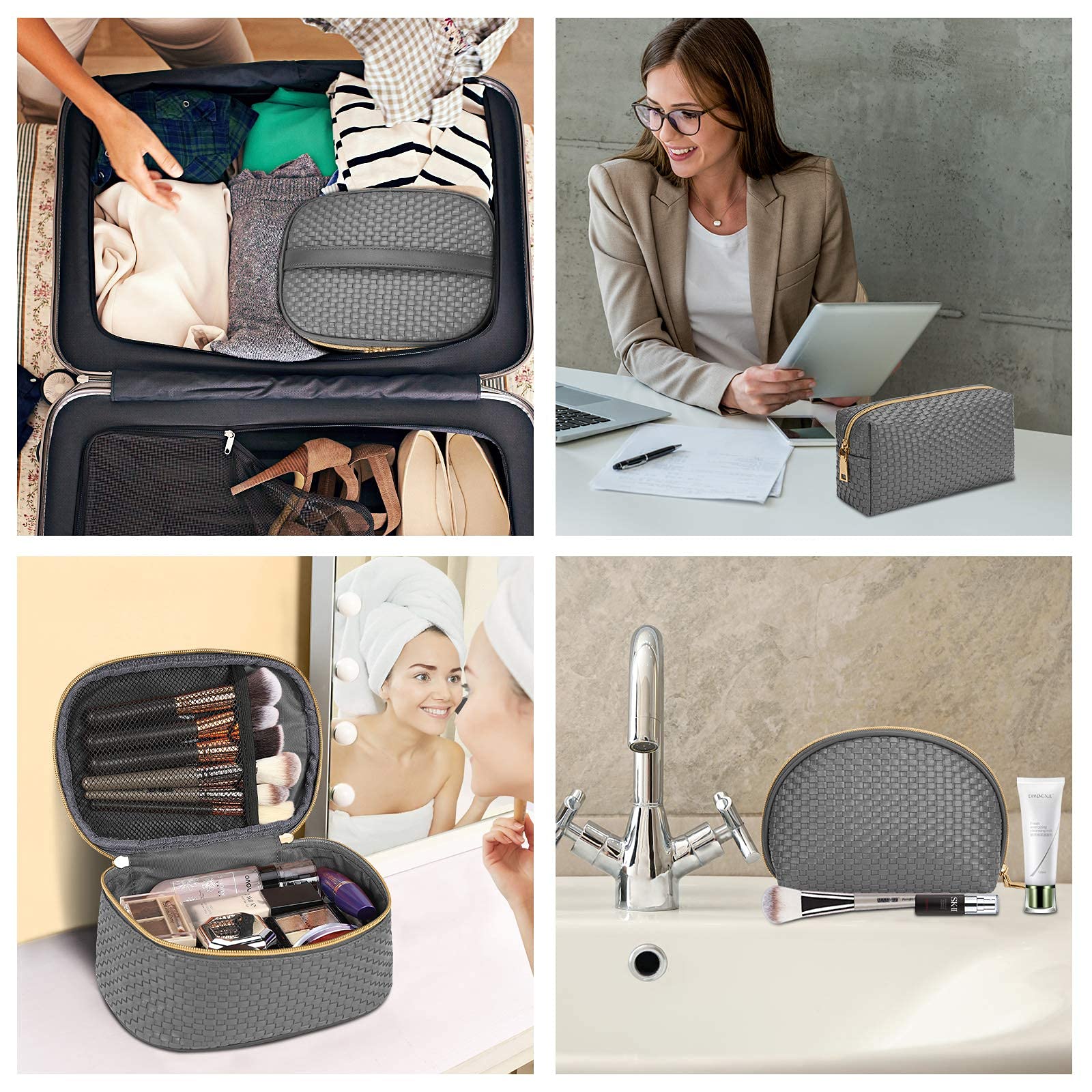 3-Piece Waterproof Makeup Bag Set - Portable Travel Cosmetic Organizer with Weave Design, Multi-Functional Storage for Women & Girls (Grey) | Perfect for Travel, Gym, Daily Use & Toiletries Organization