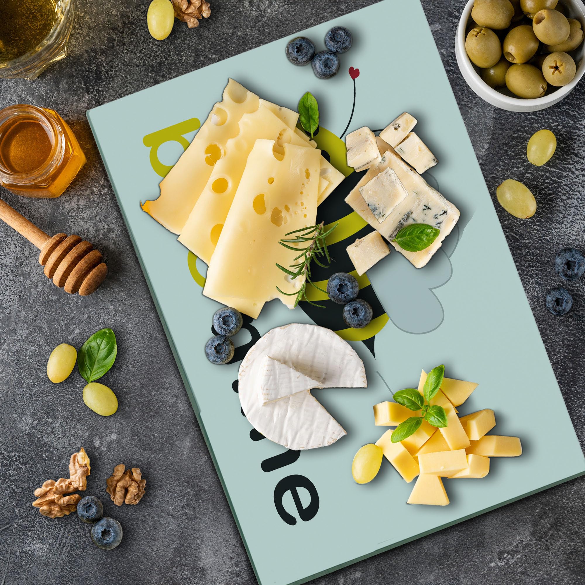 Ambesonne Honey Bee Cutting Board - Bee Mine Romantic Heart-Shaped Wings Design, Decorative Tempered Glass Serving Board for Kitchen & Dining - Large Size in Yellow, Charcoal Grey, Pale Grey & White - Perfect for Valentine's Day Gifts, Anniversary Presents & Home Decor