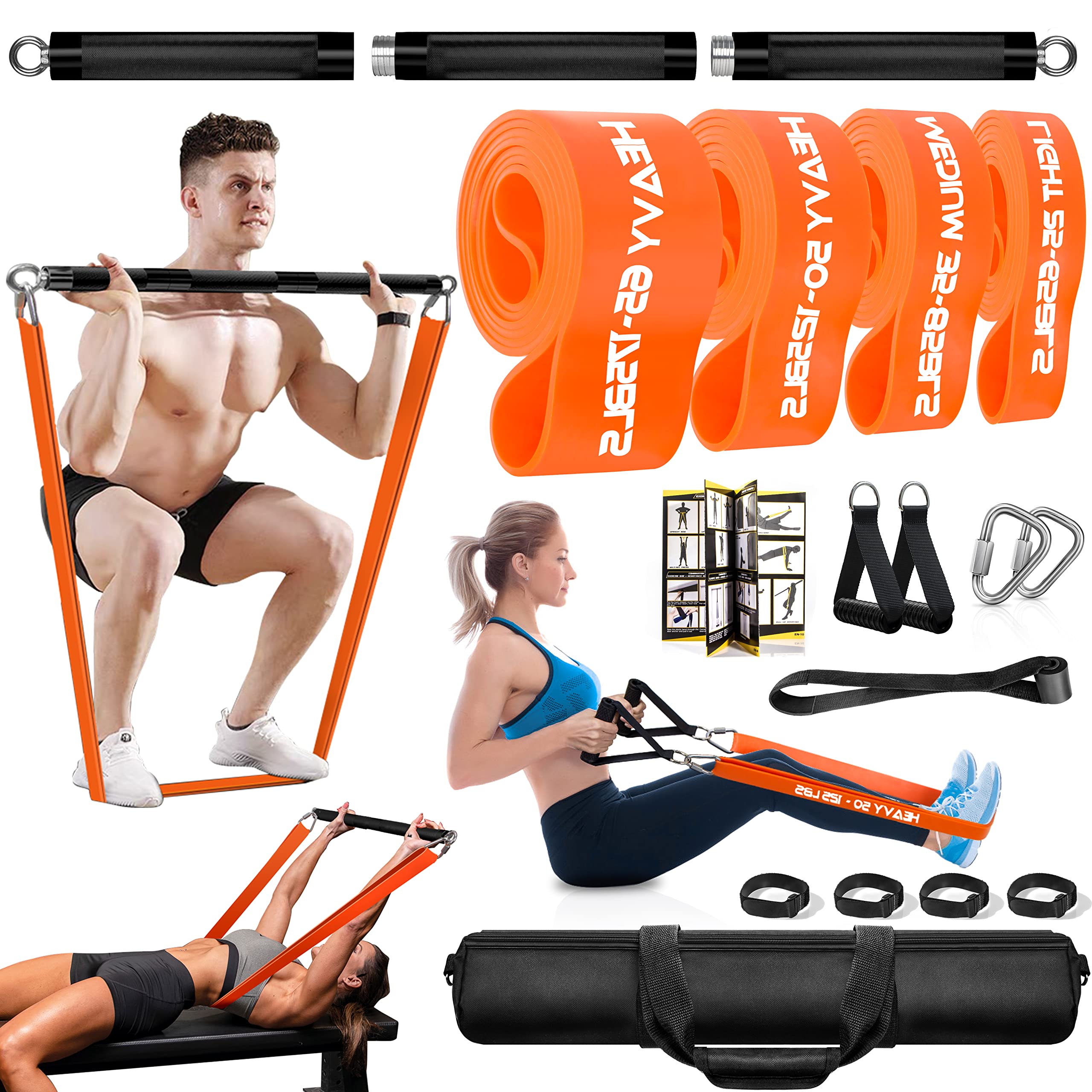 Premium Portable Heavy Duty Home Gym Resistance Band Bar Set - 4 Stackable Bands, Detachable Full Body Workout Equipment (500LBS Capacity) - Perfect for Strength Training, Home Fitness & Muscle Building - Includes Workout Guide & Long Exercise Bar