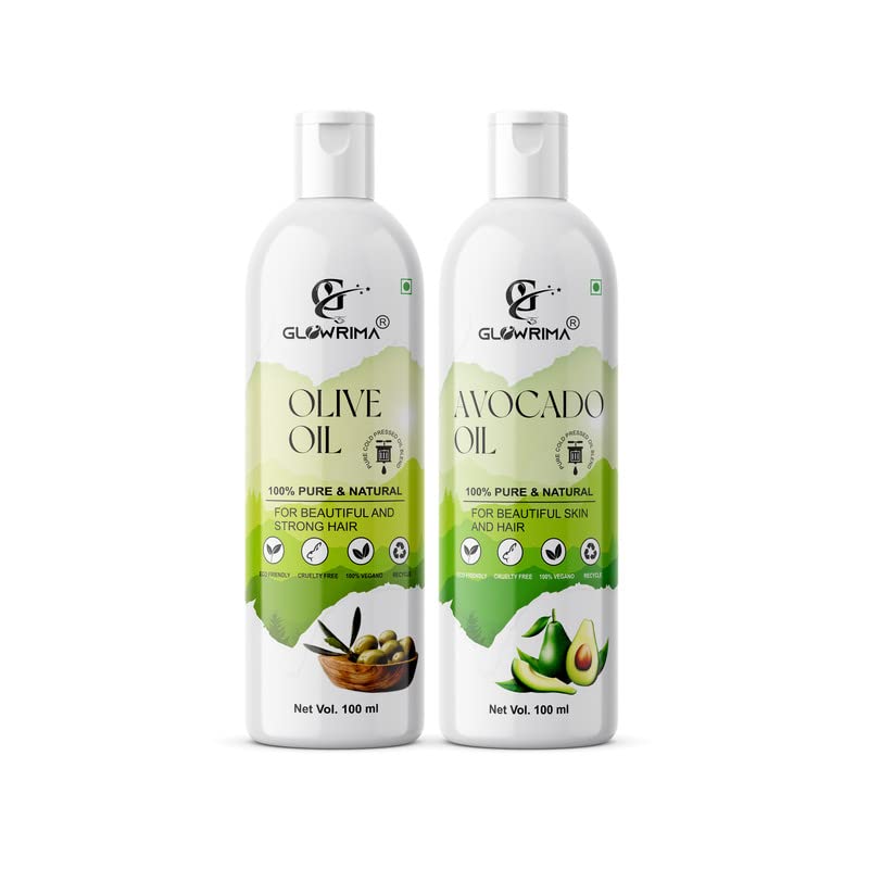 Glowrima 100% Pure Olive Oil & Avocado Oil Combo Set - 100ML Each for Hair Growth, Anti Hair Fall, Split Ends Treatment - Promotes Softer, Shinier Hair (Pack of 2) - Perfect for Daily Hair Care & Scalp Massage