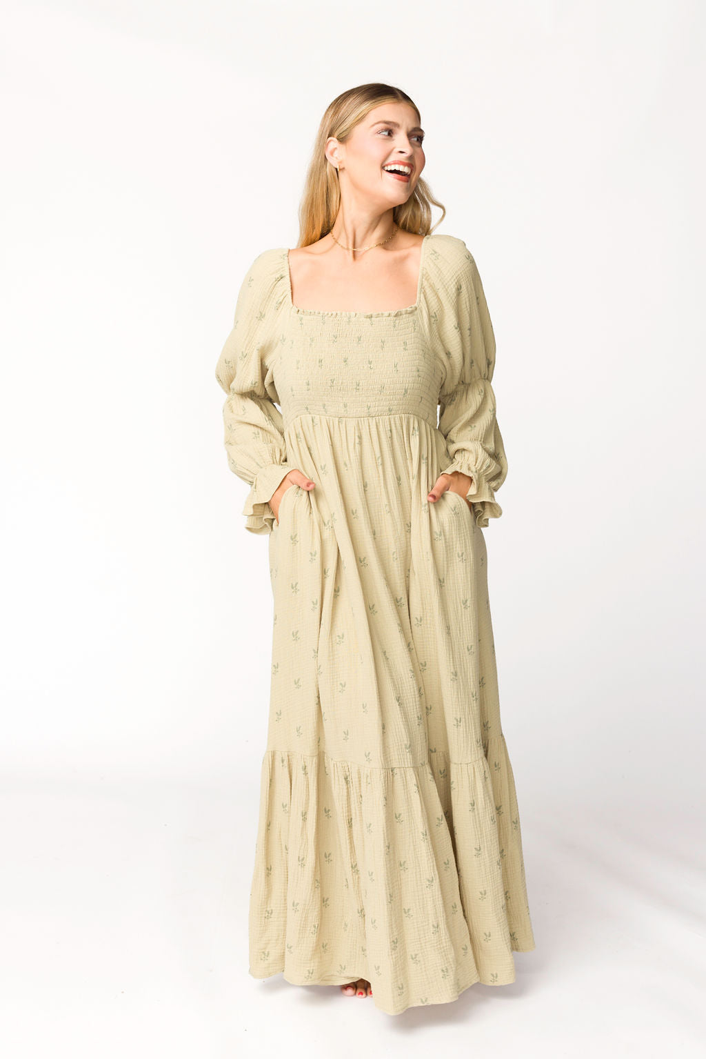 Emerson 100% Cotton Gauze Maxi Dress in Thyme - Bump Friendly Maternity Dress for Pregnancy, Nursing & Postpartum | Comfortable Summer Boho Dress for Beach, Vacation & Casual Wear