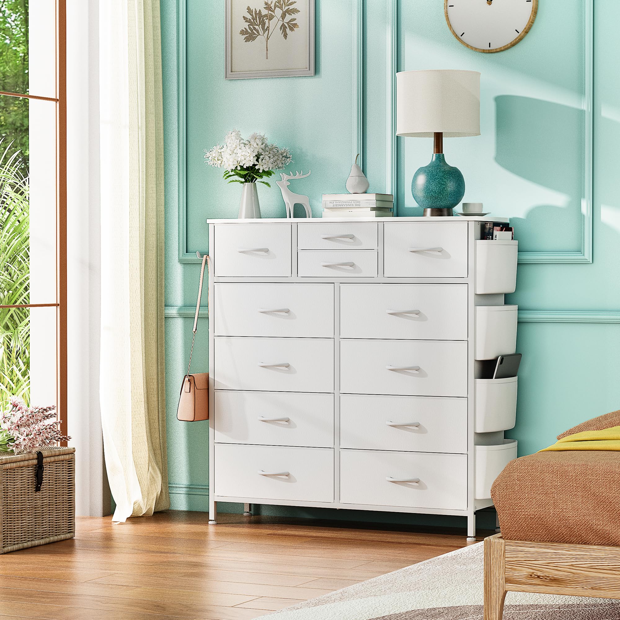 Lulive 12-Drawer Tall Dresser for Bedroom - Fabric Storage Tower with Side Pockets & Hooks - White Chest of Drawers for Closet Organization, Hallway Storage & Living Room Decor