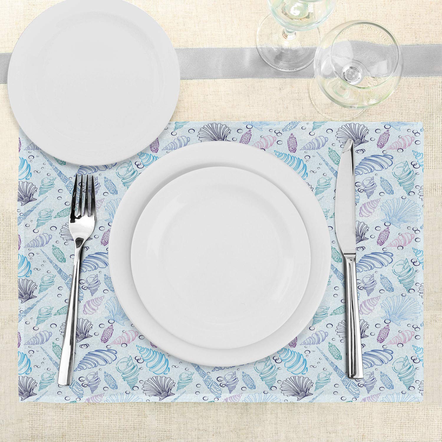 Ambesonne Nautical Place Mats Set of 4 - Sea Shell Pattern Underwater Bubbles Ocean Themed Washable Fabric Placemats for Dining Table & Kitchen Decor in Indigo Blue & Purple | Perfect for Beach House, Coastal Dining, and Ocean-Inspired Home Decor