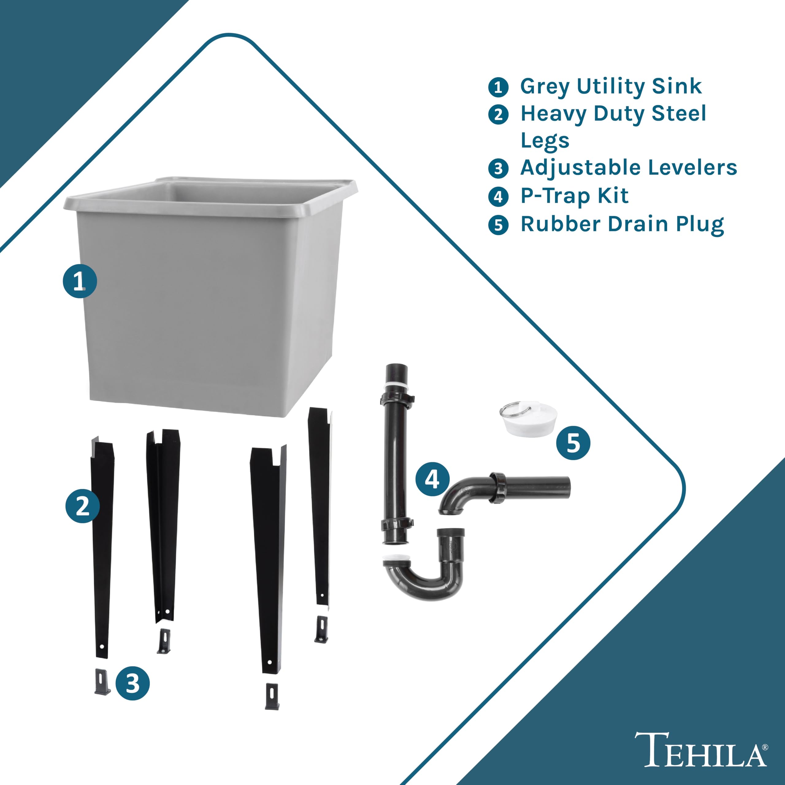 JS Jackson Supplies Grey Space Saver Utility Sink - Freestanding Laundry Tub with Black Metal Legs & P-Trap Kit | Compact Design for Small Laundry Rooms, Basements & Garages