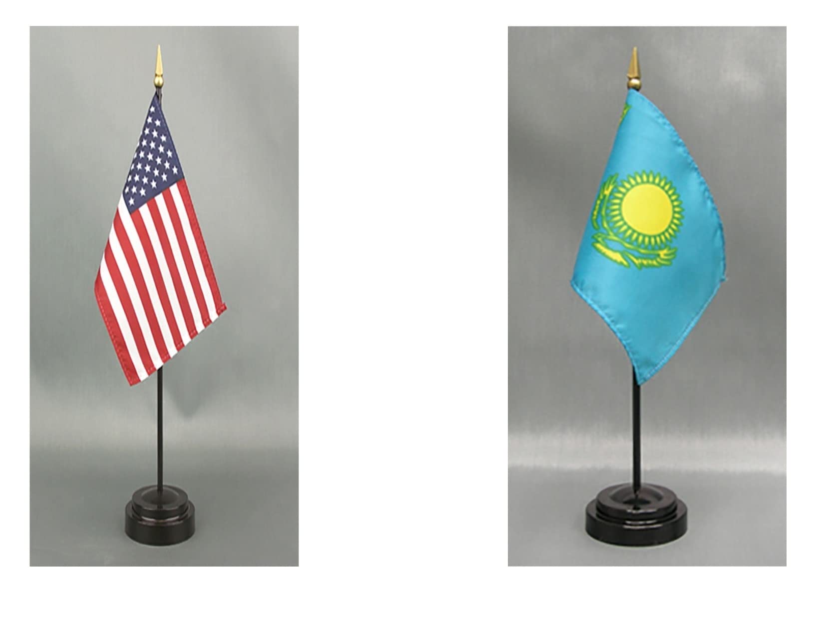 American Made Kazakhstan Desk Flag Set - 4x6 inch Rayon Office Desk & Hand Waving Table Flags with 2 Stands (USA & Kazakhstan Flags) - Perfect for Office Decor, International Events & Patriotic Displays
