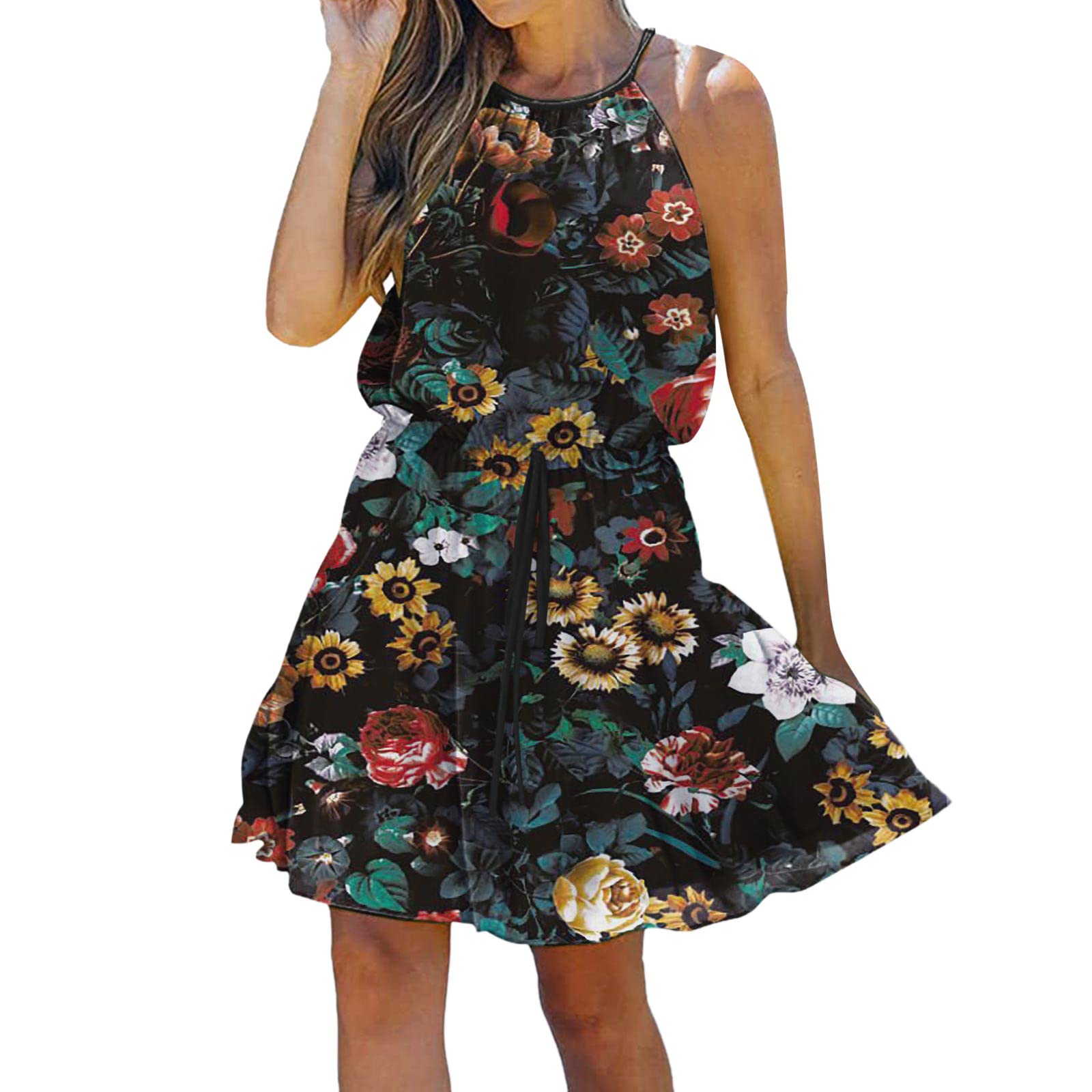 Twoker Women's Sleeveless Floral Print Sundress - Elegant Summer Swing Dress for Beach, Party & Cocktail Occasions | Casual Long Dress for Vacation, Date Night & Outdoor Events