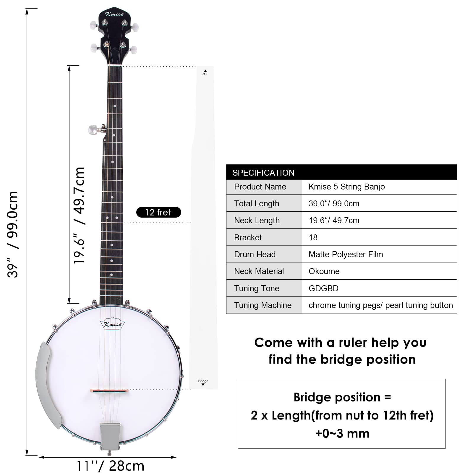 Kmise 5-String Banjo with 24 Brackets, Open Solid Back, Geared 5th Tuner & Arm Rest – Includes Gig Bag, Tuner, Strings, Strap, Picks & Wrench – Perfect for Beginners, Bluegrass & Live Performances