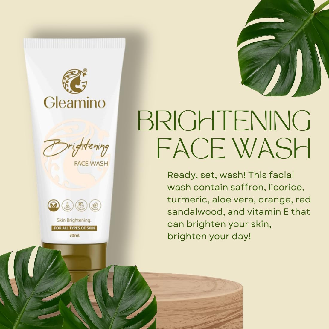Gleamino Skin Brightening Face Wash - Vitamin C & Hyaluronic Acid Cleanser for Glowing Skin | Gentle Exfoliating Facial Cleanser for Dark Spots & Uneven Tone | Perfect for Morning & Night Skincare Routine