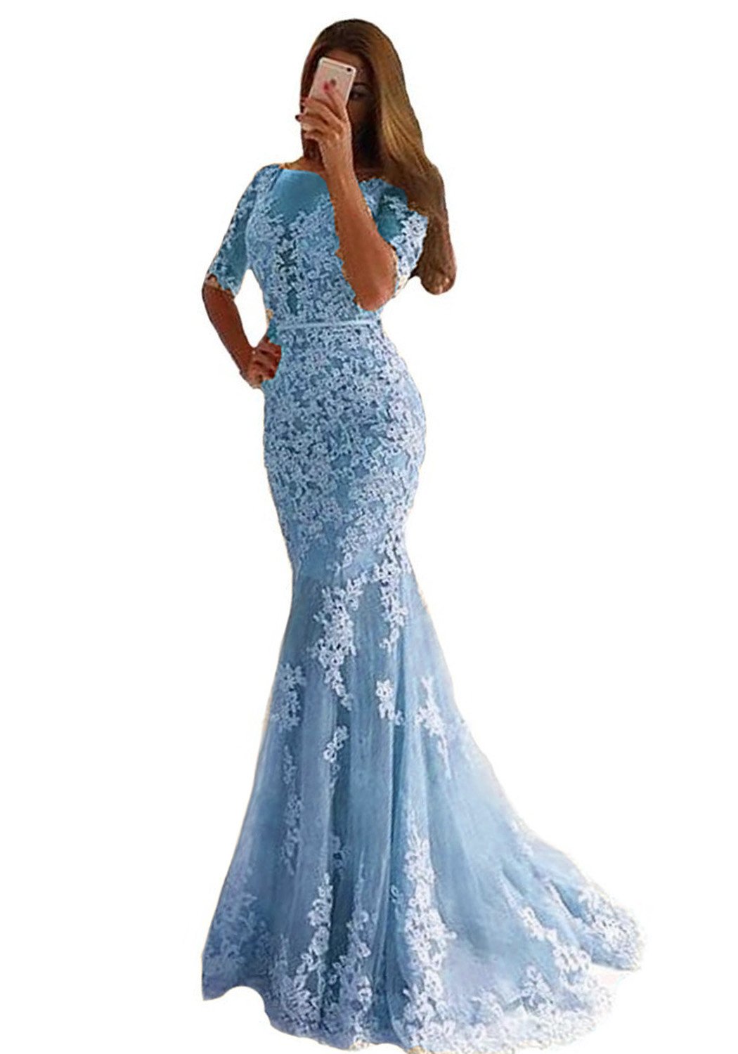 Lemai Women's Mermaid Long Lace Half-Sleeve Formal Prom Dress Evening Gown - Elegant Wedding Guest, Cocktail Party & Special Occasion Gown