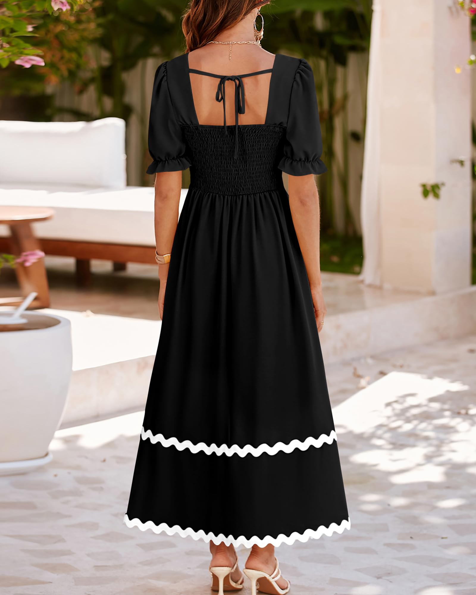 BTFBM Women's Summer 2025 Square Neck Short Puff Sleeve Dress - Casual Ruffle Tie Back Smocked Maxi Dress for Wedding Guest, Beach Vacation & Date Night Outfits