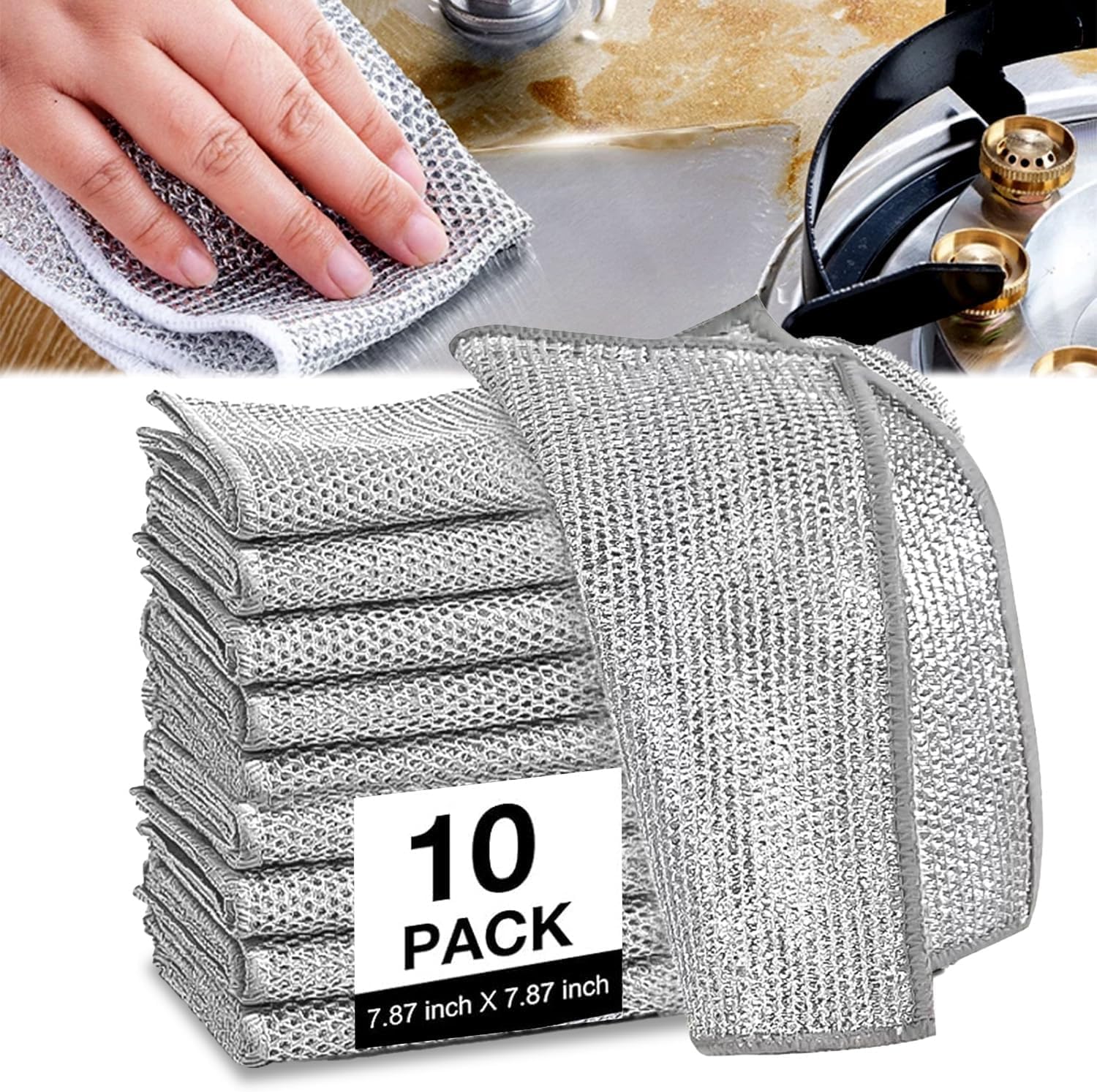 Stainless Steel Dish Scrubber Non-Scratch Cleaning Cloth - 10 Pack Wire Dishwashing Rags for Wet & Dry Cleaning - Perfect for Washing Dishes, Sinks, Countertops & Kitchen Surfaces