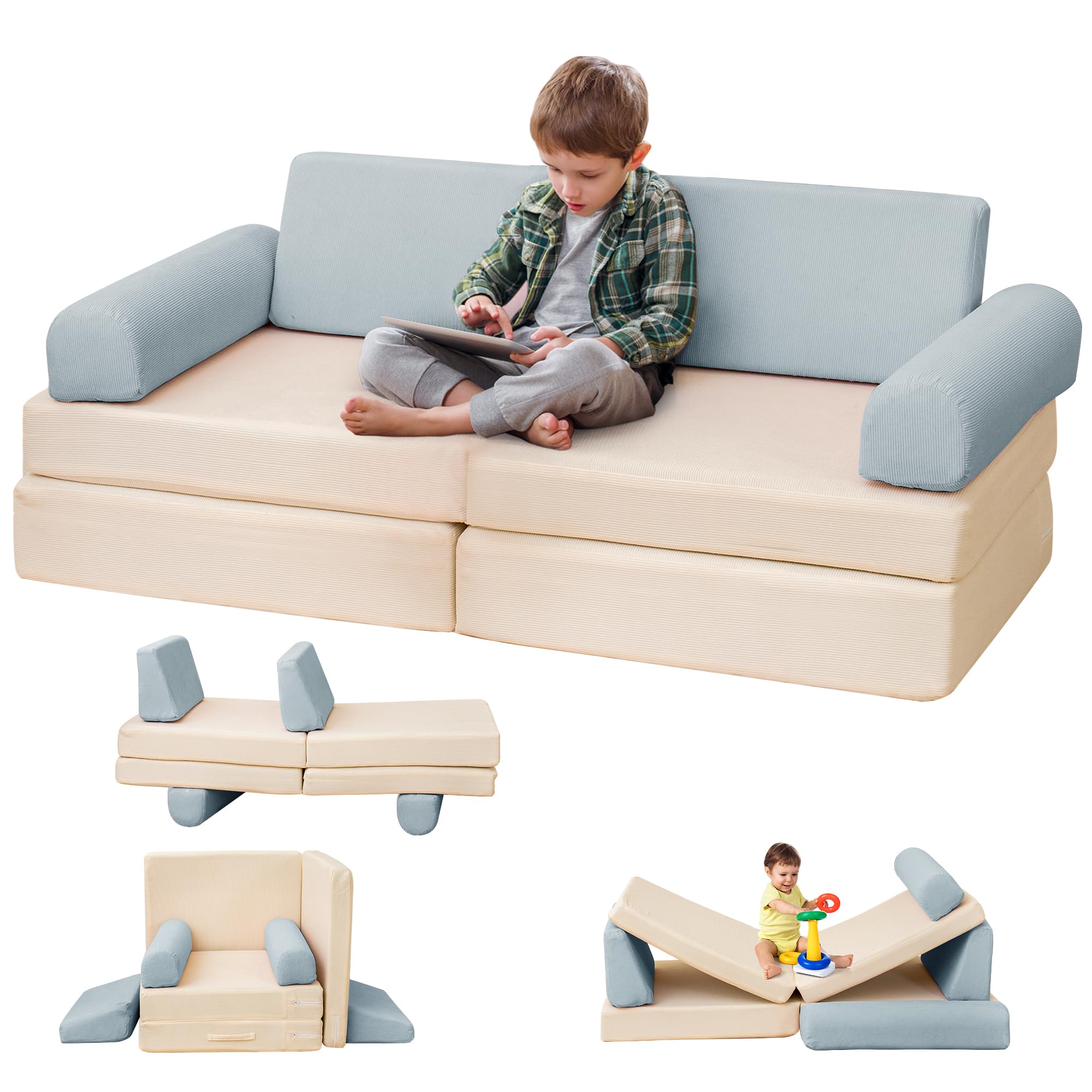 Modular Kids Play Couch - Convertible Toddler Foam Sofa for Playroom | Corduroy Fabric Nugget Couch with 5-Second Instant Expansion | Baby Explorer Set in Cyan & Beige | Perfect for Indoor Play, Reading Nook, and Nap Time