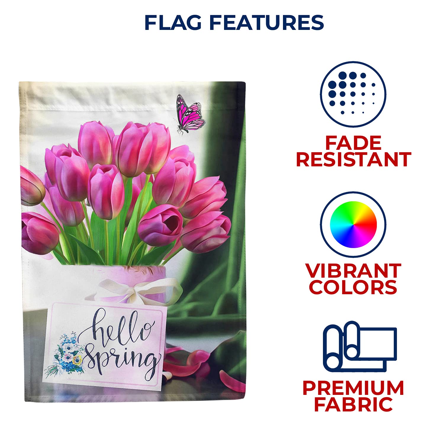 America Forever Hello Spring Garden Flag - 12.5 x 18 Inches Double Sided Outdoor Decoration with Tulips & Butterflies Design - Perfect for Spring Yard Decor, Front Porch Display & Seasonal Holiday Celebrations