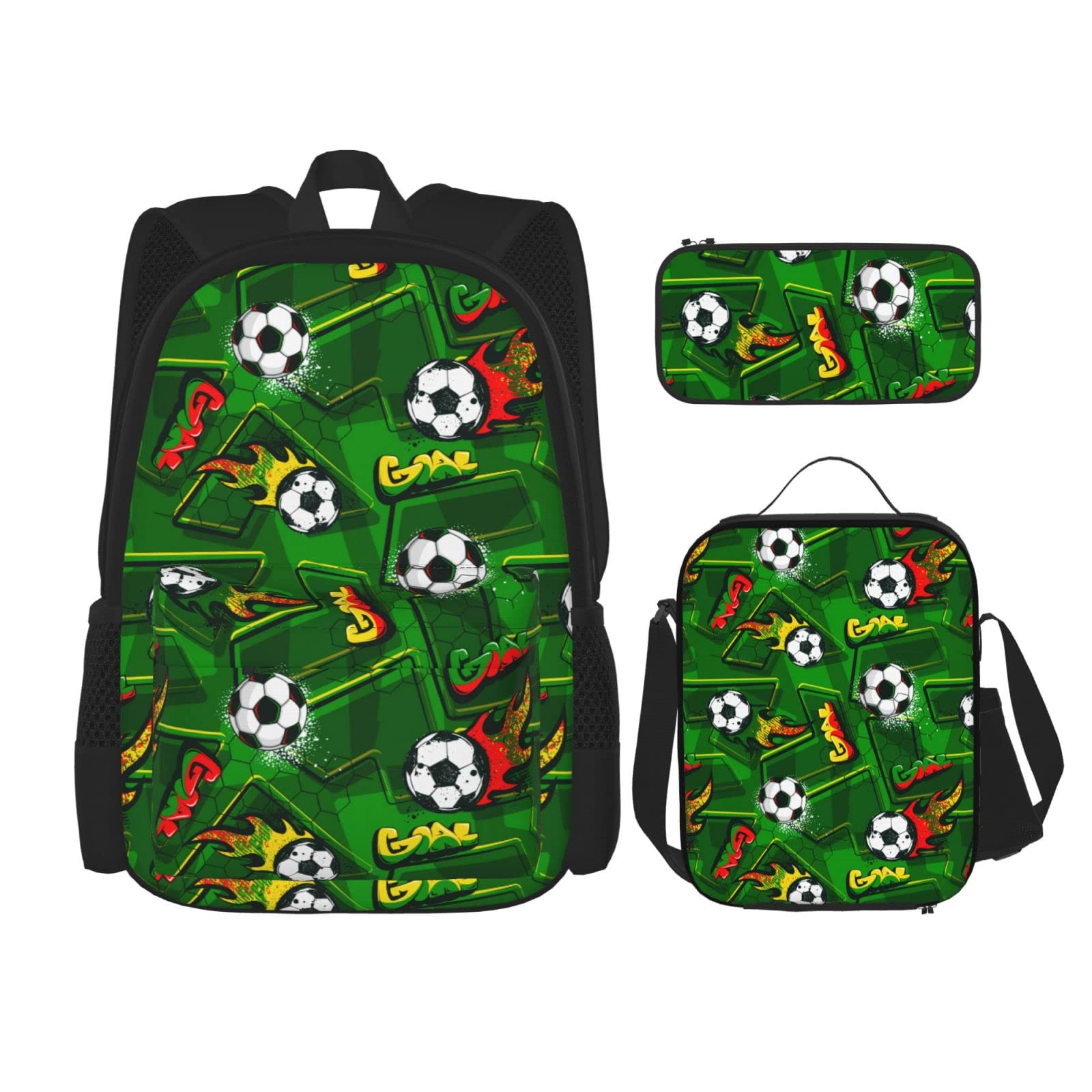 Funny Soccer Backpack Set - 3 PCS Football Design with Lunch Bag & Pencil Case for School & Sports