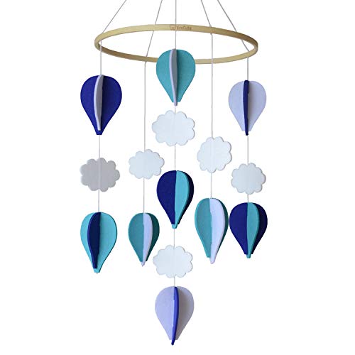 EcoCubs Handmade Baby Crib Mobile - Navy Blue, Turquoise, Pale Grey & White Hot Air Balloons with Clouds - Eco Felt & Organic Beech Wood Nursery Decor for Boys | Gender Neutral Baby Shower Gift & Newborn Room Decoration | Perfect for Soothing Infants & Enhancing Nursery Aesthetics