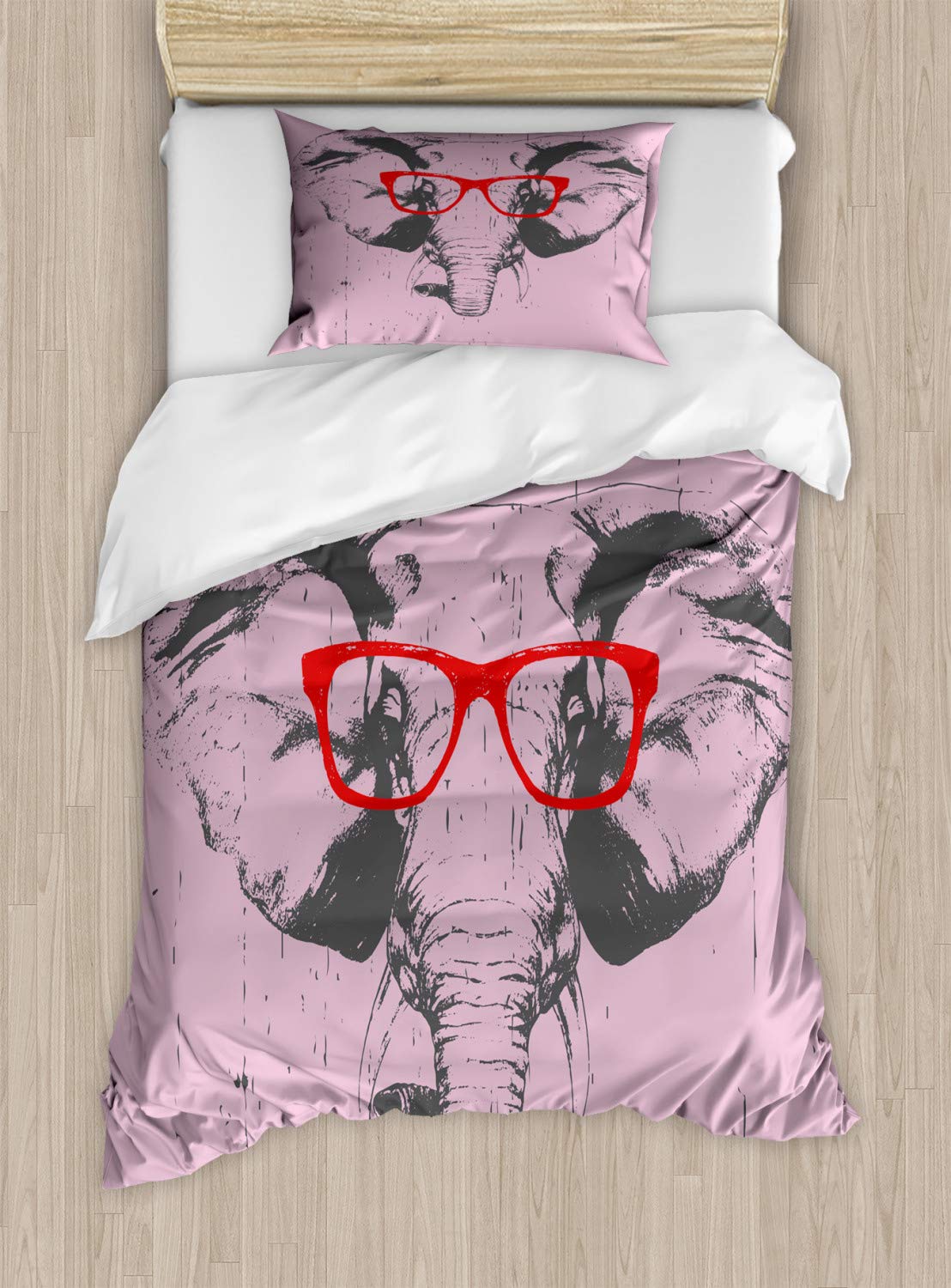 Ambesonne Hipster Duvet Cover Set - Grunge Elephant Portrait with Fun Glasses - 2-Piece Twin Size Bedding with Pillow Sham in Pale Rose & Charcoal Grey | Bohemian Bedroom Decor for Teens & Young Adults