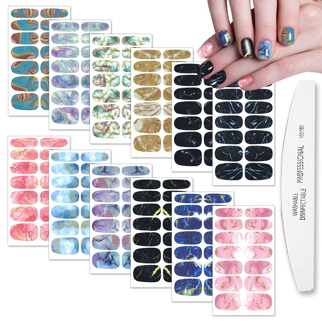 WOKOTO 12 Sheets Gradient Color Marbled Nail Strips - Self-Adhesive Nail Polish Stickers with Nail File | Colorful Blooming Nail Wraps for Women | Perfect for Parties, Weddings & Daily Nail Art