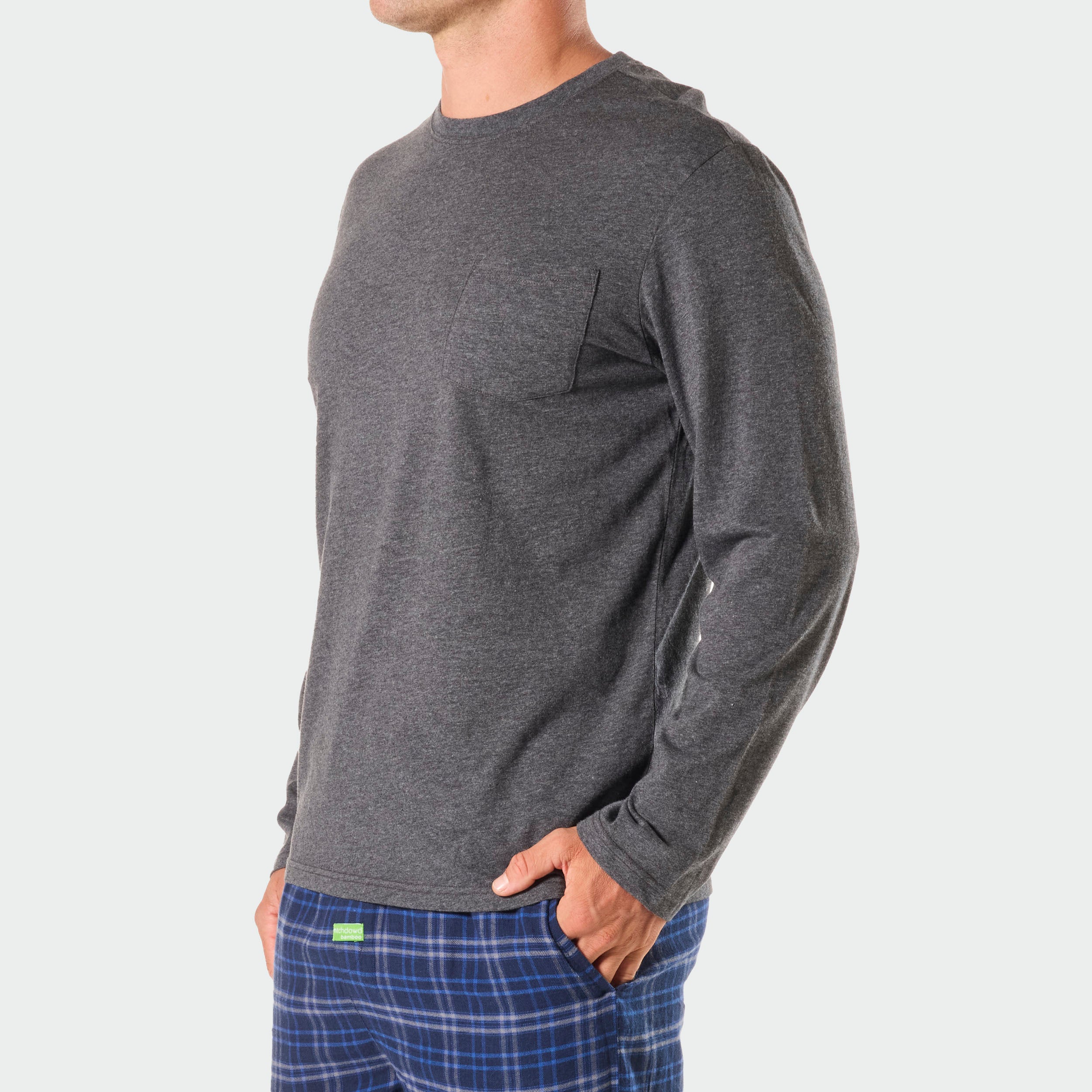 Men's Relaxed Cotton Long Sleeve Sleep Tee - Dark Grey Marle - Soft & Comfortable Pajama Top for Nightwear, Lounging & Travel
