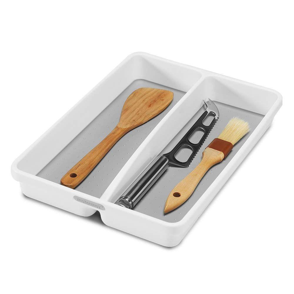 Madesmart Mini 2-Compartment Grip Base Utensil Tray - White | Kitchen Countertop Organizer for Utensils, Spoons & Forks | Perfect for Small Spaces & Drawer Storage