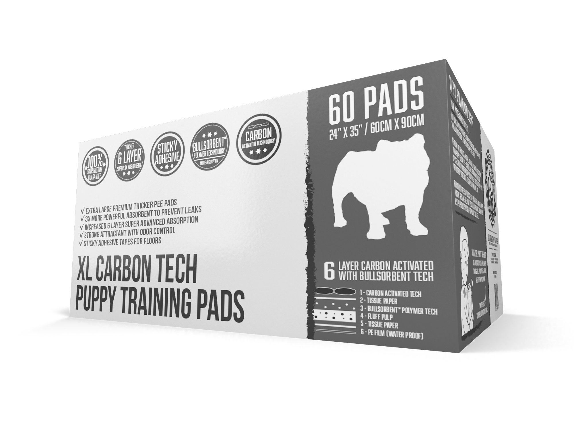 Bulldoglogy Carbon Black Puppy Pee Pads with Adhesive Sticky Tape - Extra Large 24x35 Inch Charcoal Housebreaking Training Pads for Dogs (360 Count) | Leakproof & Odor Control | Ideal for Puppy Training, Crate Use & Senior Dogs