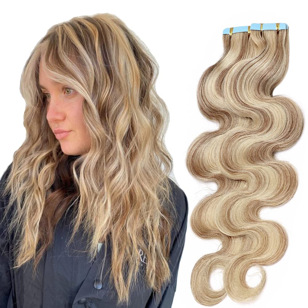 Benehair Remy Tape in Hair Extensions 20 Inch - 100g Human Hair Weft #12P613 (40pcs) - Golden Brown & Bleach Blonde Wavy Hair for Seamless Blending - Perfect for Parties, Weddings & Daily Styling