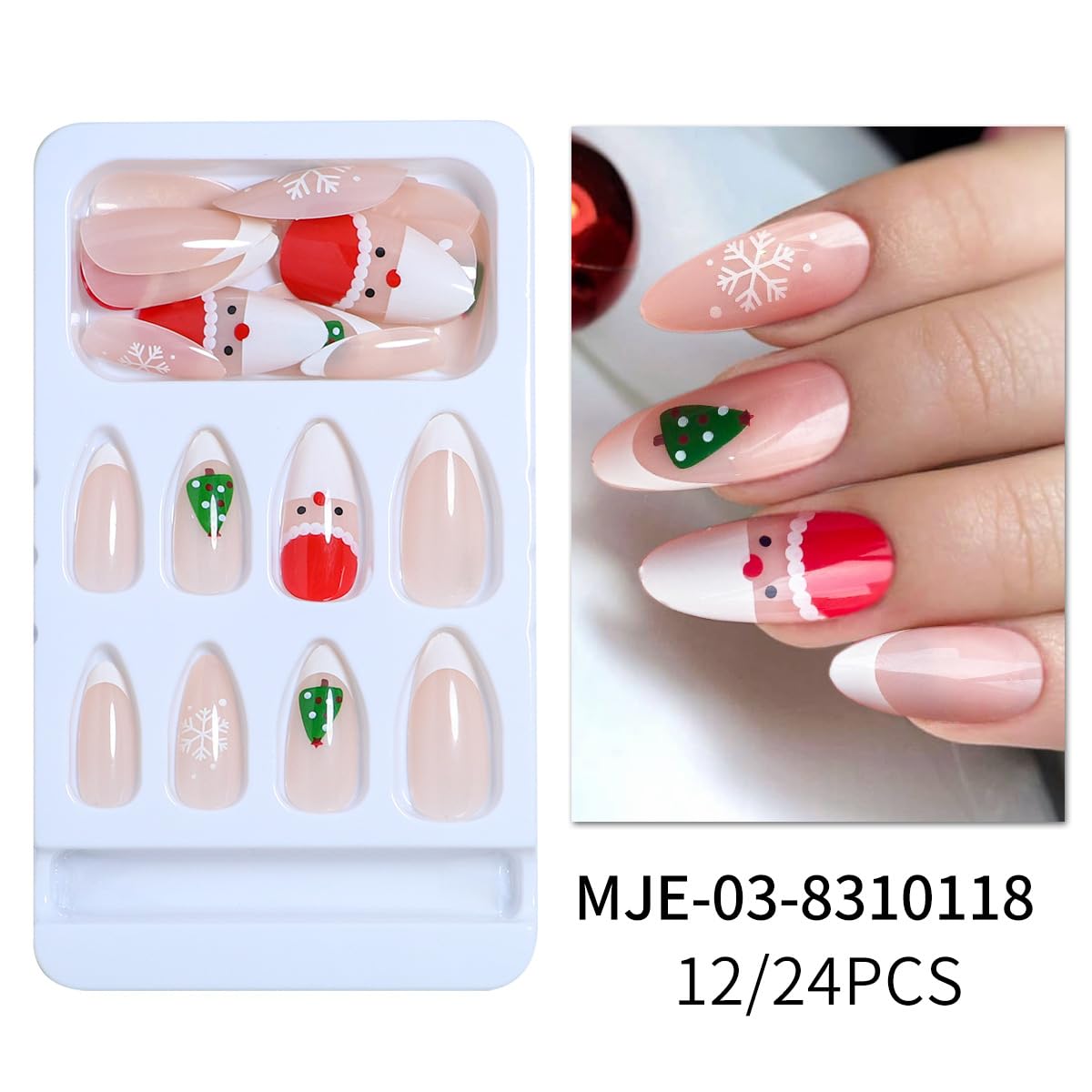 Christmas Press on Nails - 24Pcs Almond Shaped Fake Nails with Santa Claus, Snowflake & Christmas Tree Designs, French Tip Glue on Nails for Women Holiday Manicure - Perfect for Parties, Gifts & Festive Nail Art