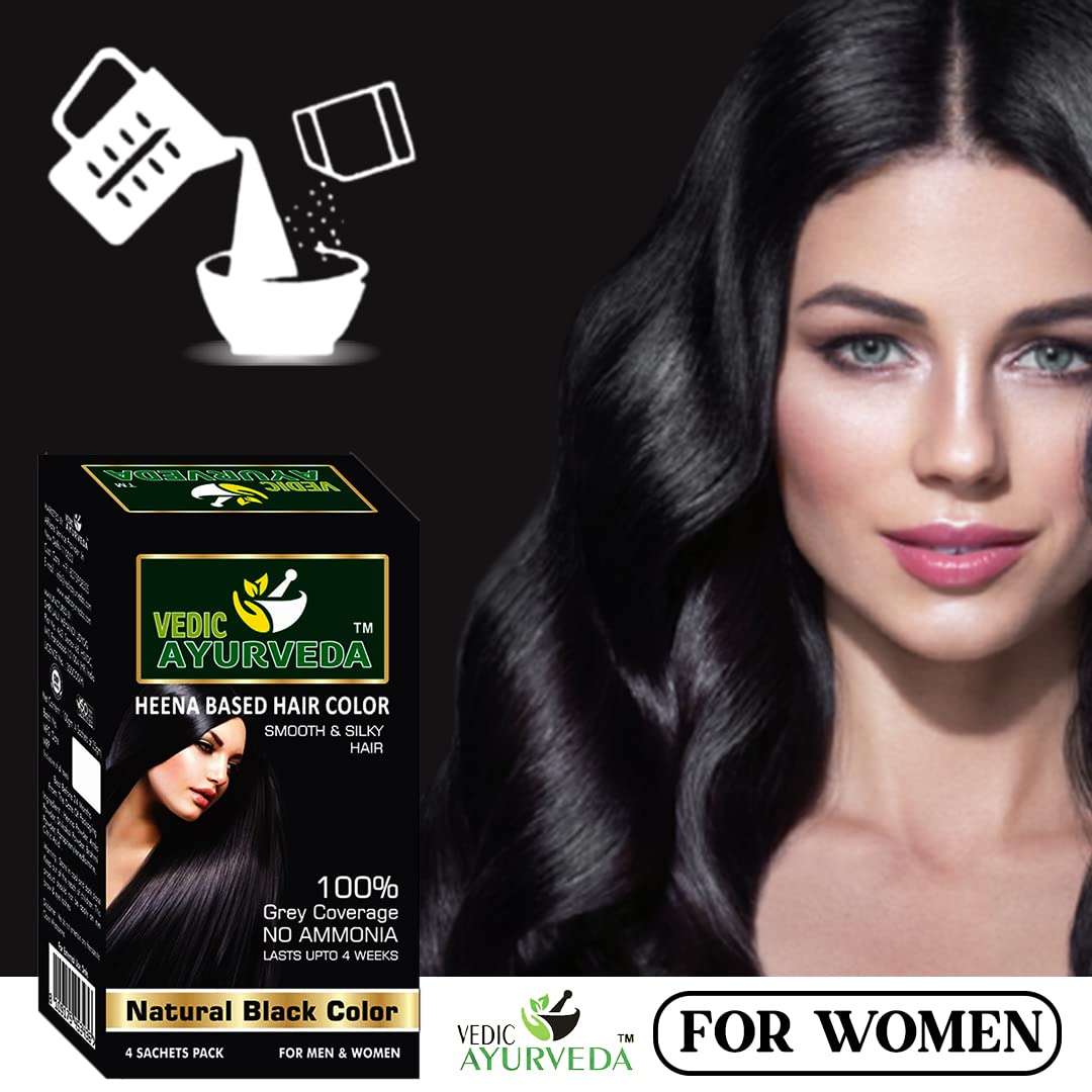 VedicAyurvedas Bio-Organic Natural Pure Henna Hair Color - 100% Gray Coverage, Ammonia-Free, Black Shade (4 Sachets) for Smooth Silky Hair | Safe Herbal Hair Dye for Women & Men | Perfect for Home Use, Salon Results, and Covering Gray Hair Naturally