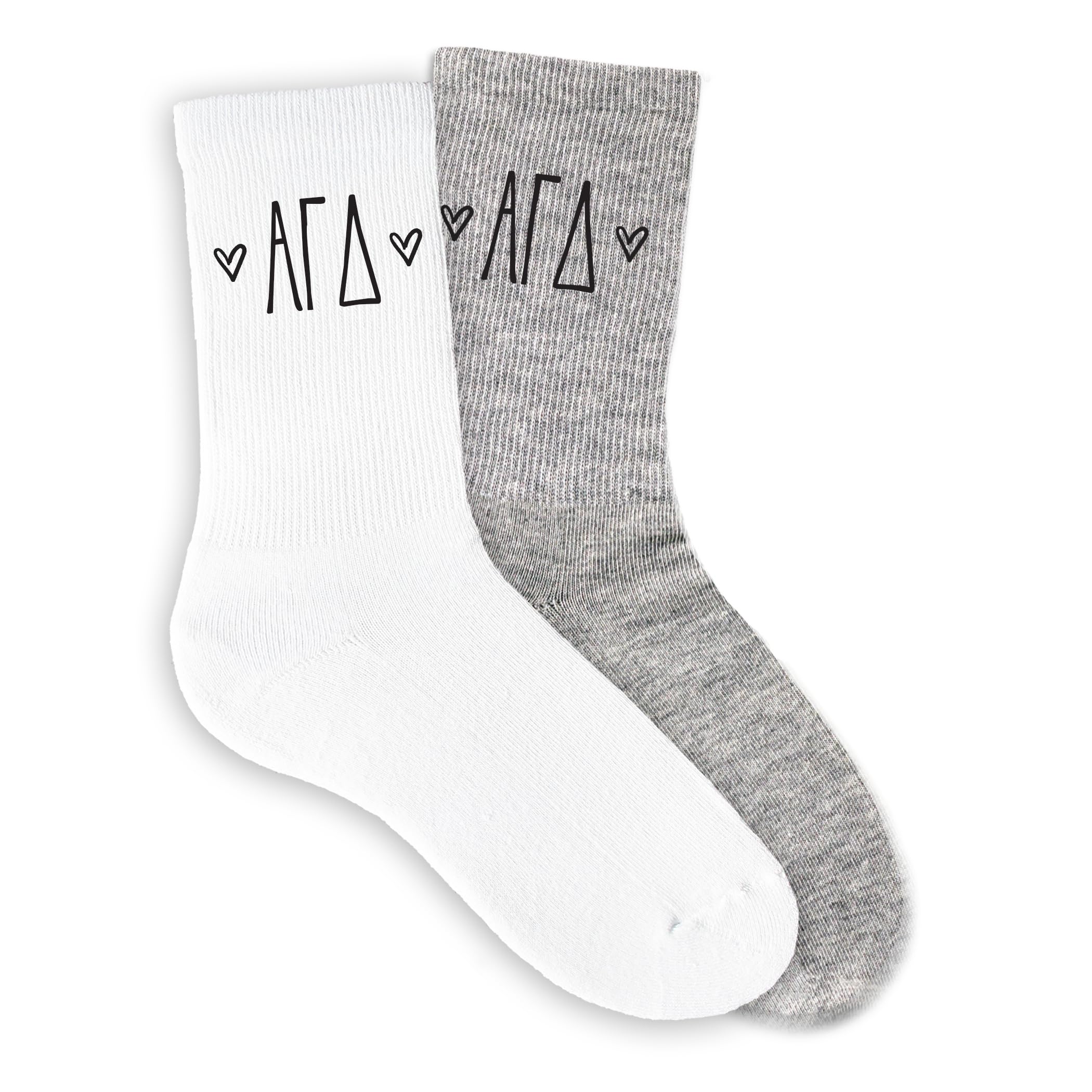 Alpha Gamma Delta Sorority Socks - Greek Letter Crew Socks with Heart Designs in White, Pink & Heather Gray - Perfect for College Sisterhood, Greek Life Events & Sorority Gifts