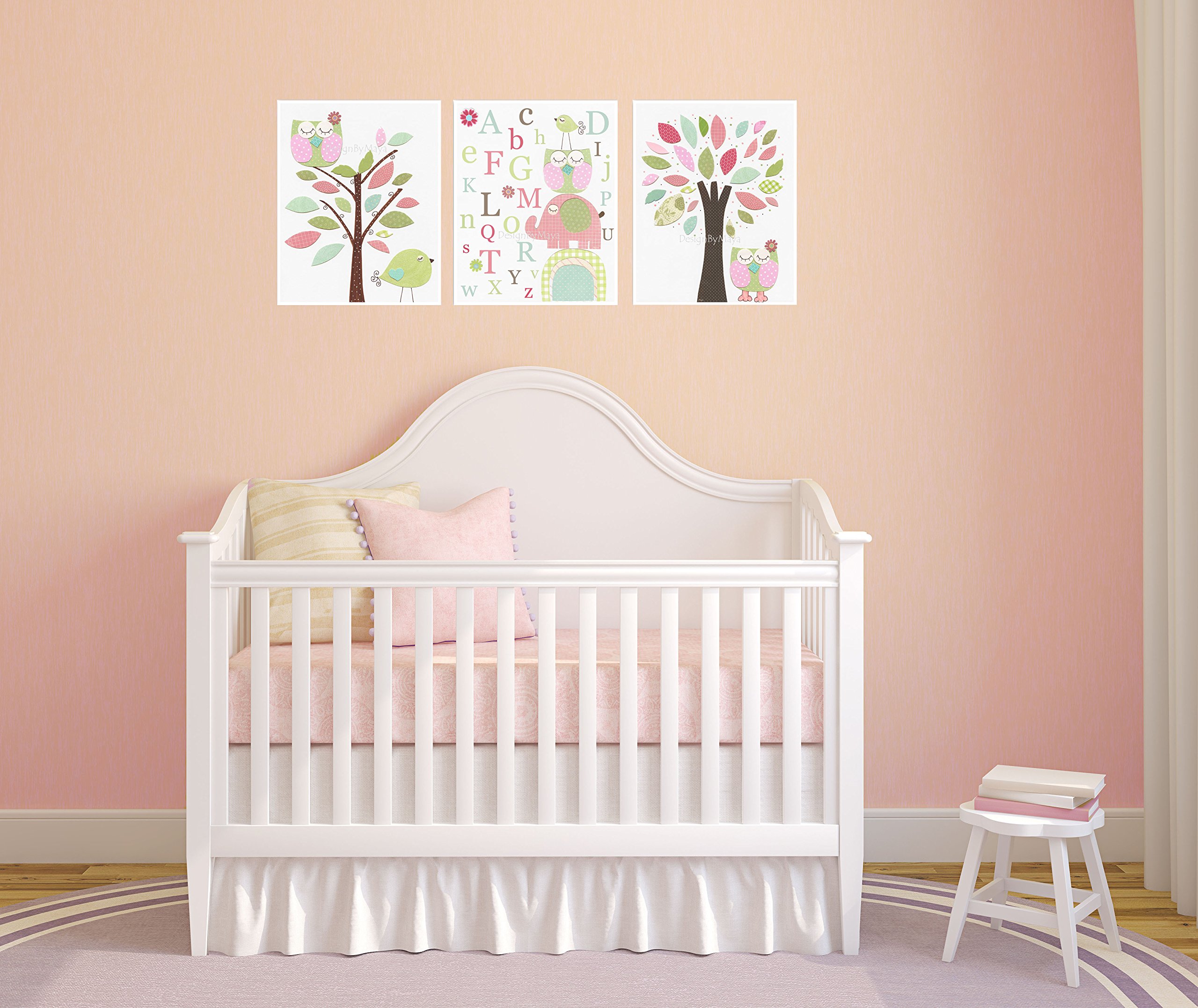 Baby Girl Nursery Wall Art Set - Pink, Green & Aqua Tree Prints (Set of 3) | Nursery Decor for Girls Room | Perfect for Baby Shower Gifts & Newborn Room Decoration