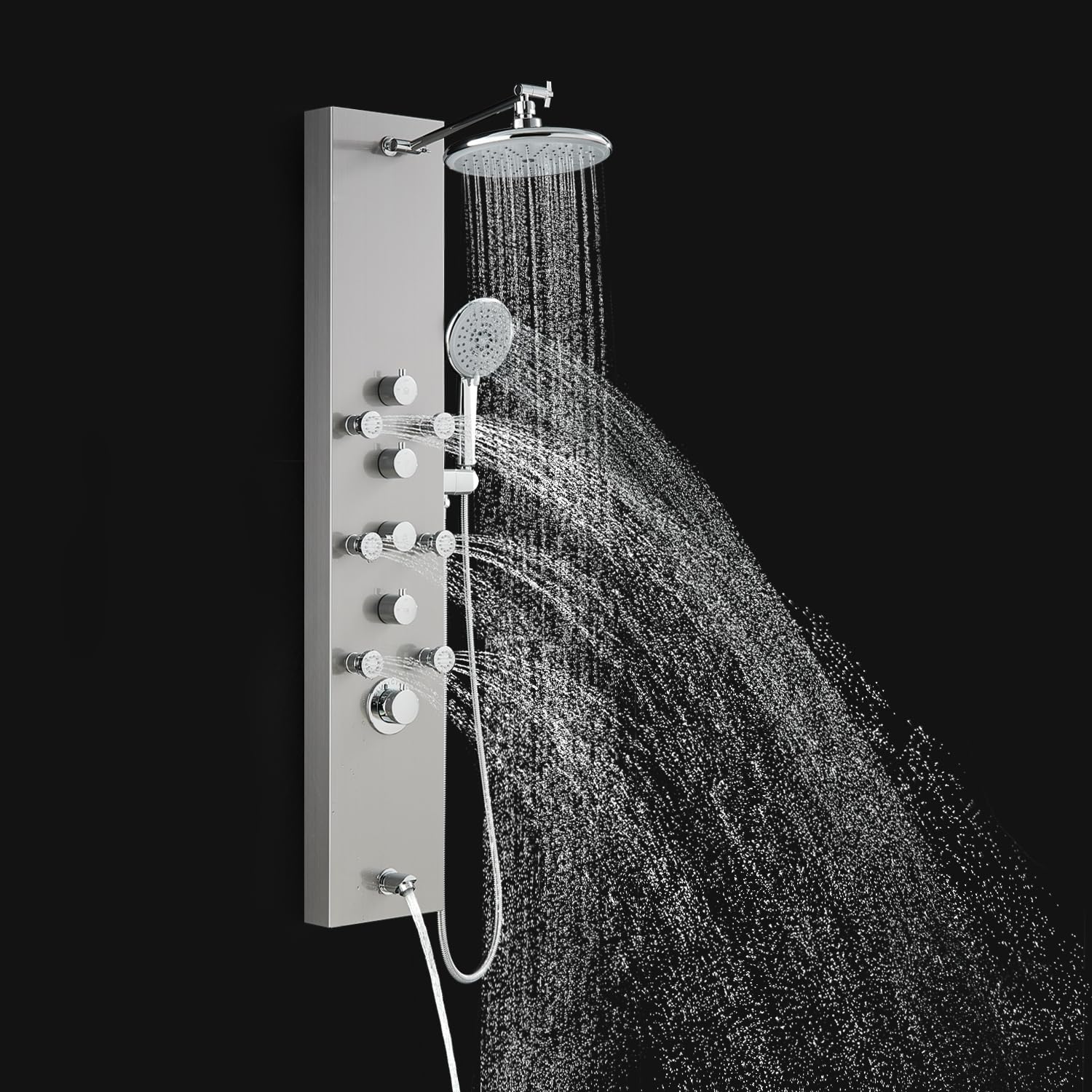 ROVOGO 4-in-1 Shower Panel Tower System with Rain Shower, Handheld Spray, Body Jets & Tub Spout - Adjustable 304 Stainless Steel Shower Column with Brushed Finish - Perfect for Luxury Bathroom Renovation & Spa Experience