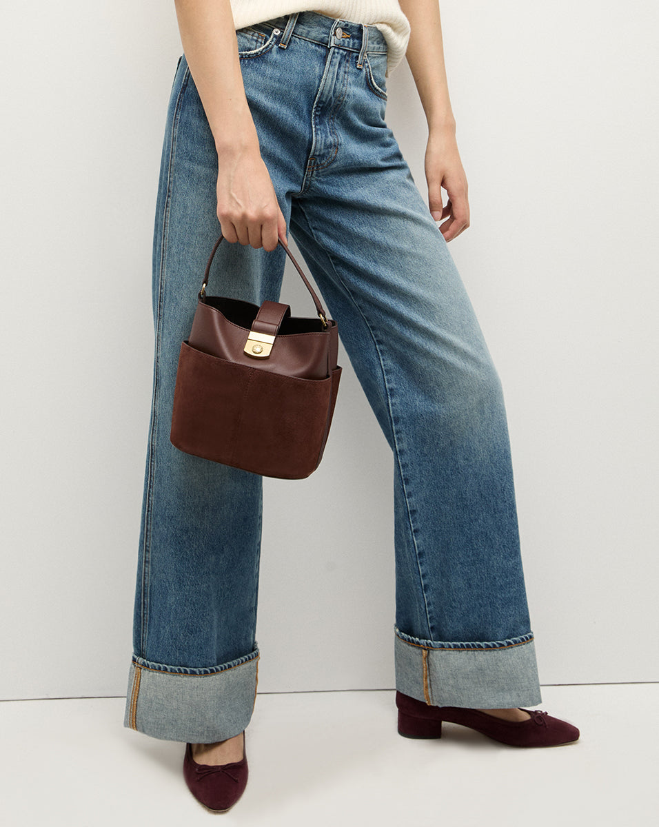 Small Crest Lock Suede Bucket Bag for Women - Stylish Crossbody Shoulder Purse - Perfect for Work, Travel & Everyday Use