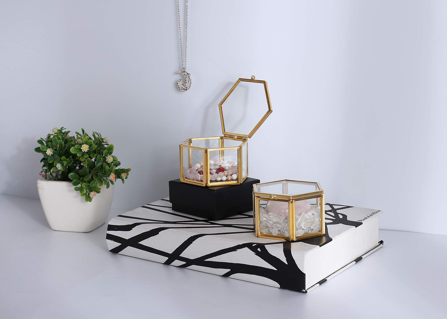 Jovivi Gold & Copper Faceted Hexagonal Glass Lid Terrarium Box - Jewelry Display Organizer for Rings & Bracelets - Decorative Home & Desk Decor for Plant Lovers & Gift Giving