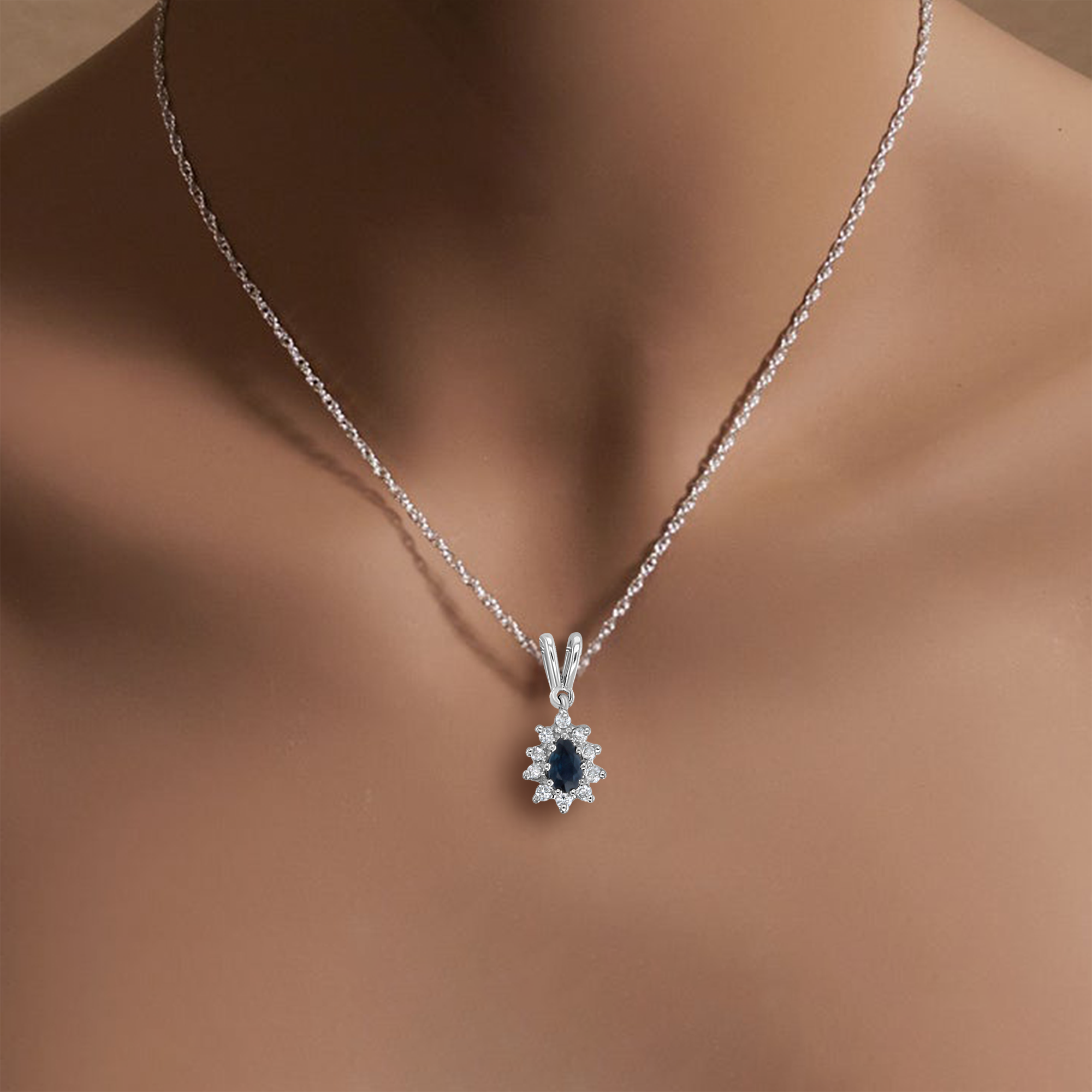 Elegant Pear-Shaped Sapphire Diamond Halo Necklace in 14K White Gold | Perfect for Anniversaries, Weddings & Special Occasions
