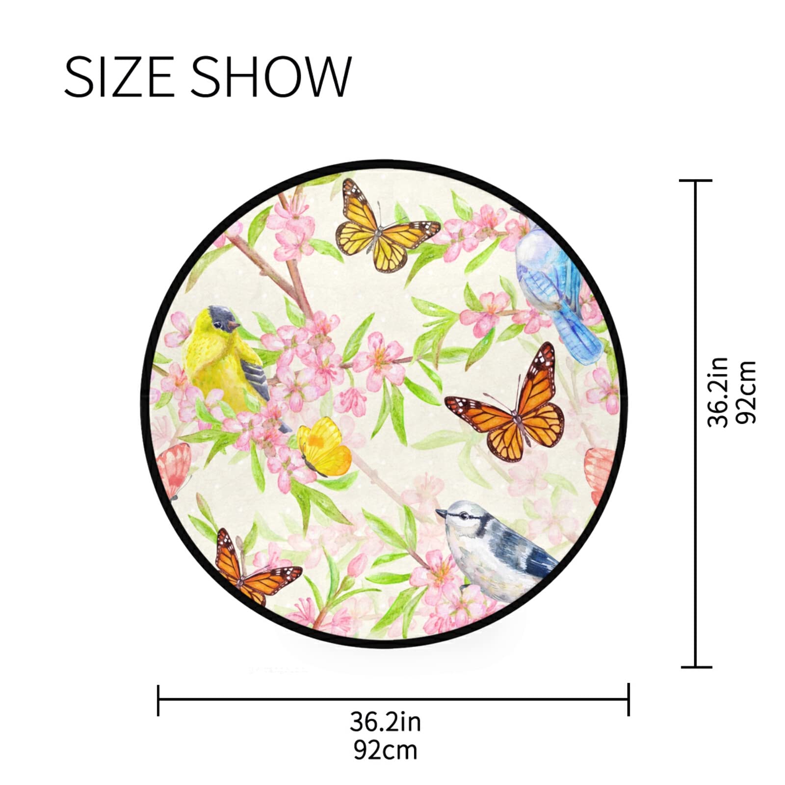 Spring Butterflies Birds Round Non-Slip Area Rug - Pink Floral Washable Soft Circle Carpet for Bedroom, Living & Dining Room - Perfect for Home Decor, Kids Play Area & Cozy Floor Mat (3ft)