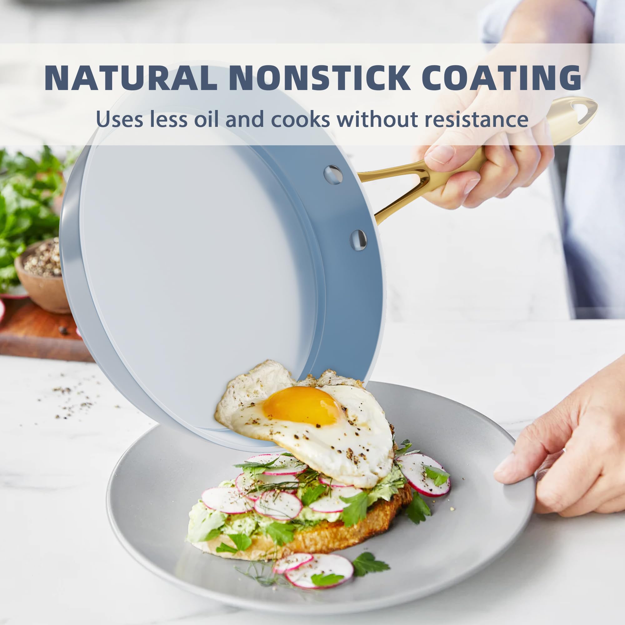 VONIKI 10-Piece Non-Toxic Ceramic Cookware Set with Utensils - PFAS-Free, Induction Compatible, Oven & Dishwasher Safe Blue Pots and Pans for Healthy Cooking | Perfect for Sauteing, Boiling & Family Meals