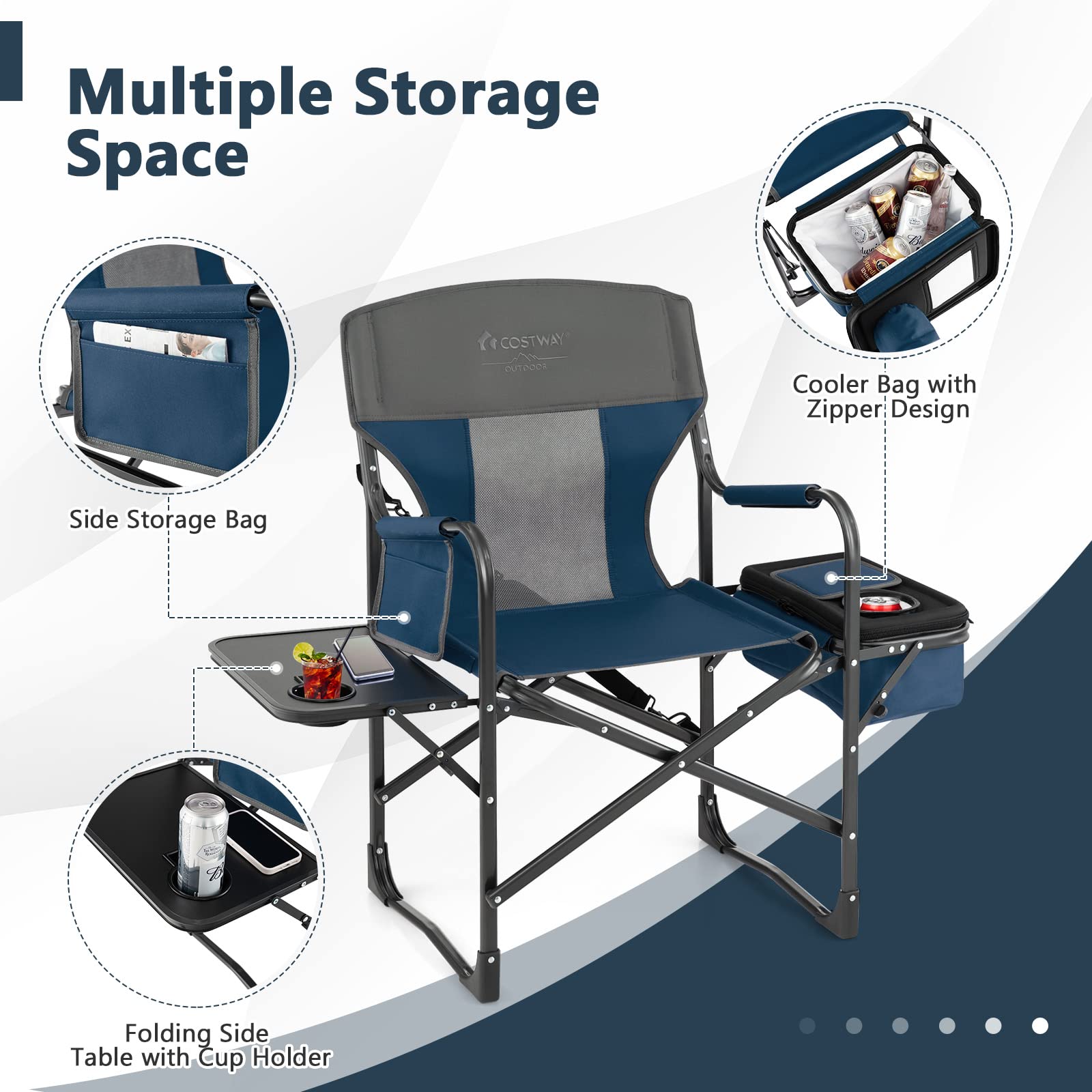 COSTWAY Heavy-Duty Folding Camping Chair with Side Table & Cooler Bag - 400lbs Capacity Portable Director Chair for Adults, Outdoor Fishing Picnic, Beach Party, and Camping Trips