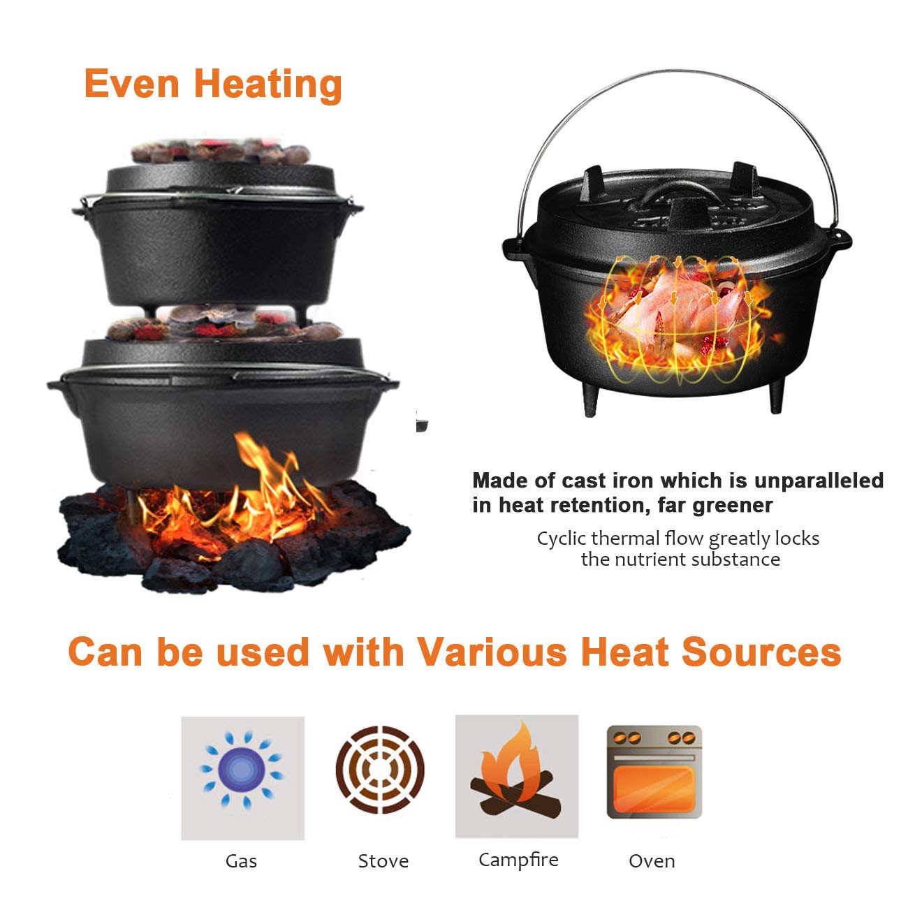 Overmont 9QT Pre-Seasoned Cast Iron Dutch Oven with Lid - Camping, BBQ & Baking Essential - Multi-Functional Skillet & Casserole Pot - Includes Lid Lifter - Perfect for Outdoor Cooking, Backpacking & Family Gatherings