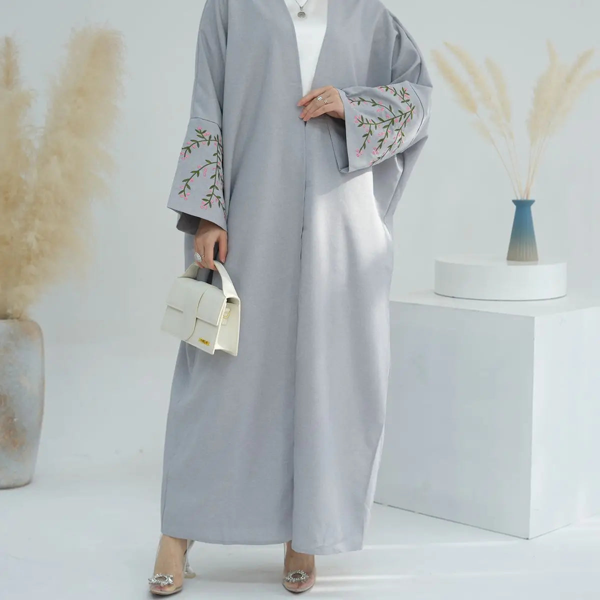 Linen Cotton Embroidery Cardigan Open Abaya Dress - Elegant Muslim Women's Cover Up for Prayer, Home & Casual Wear