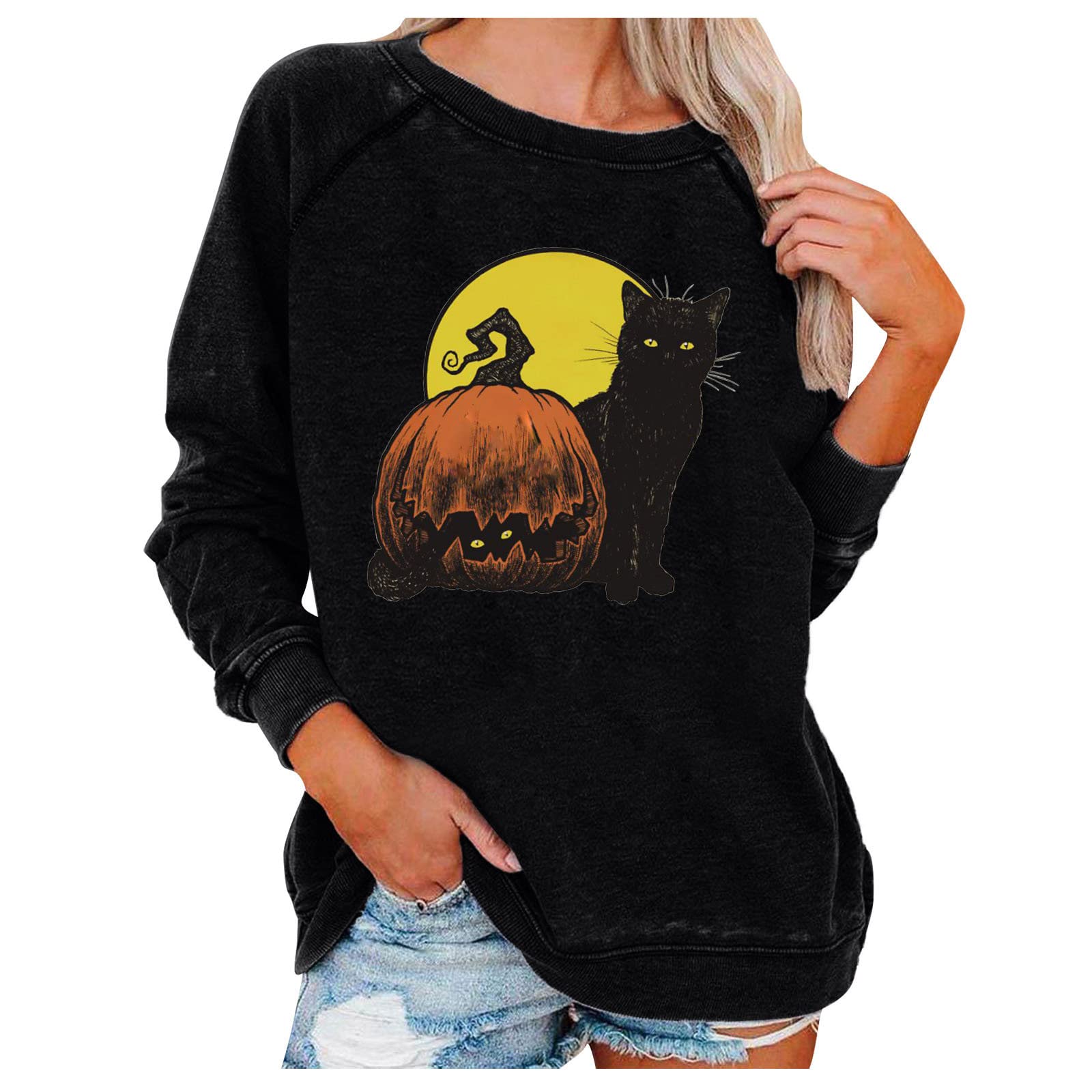 Women's Long Sleeve Sweatshirt - Pumpkin & Black Cat Halloween Print Pullover, Casual Loose Fit Round Neck Shirt | Perfect for Halloween Parties, Fall Outfits & Cozy Everyday Wear