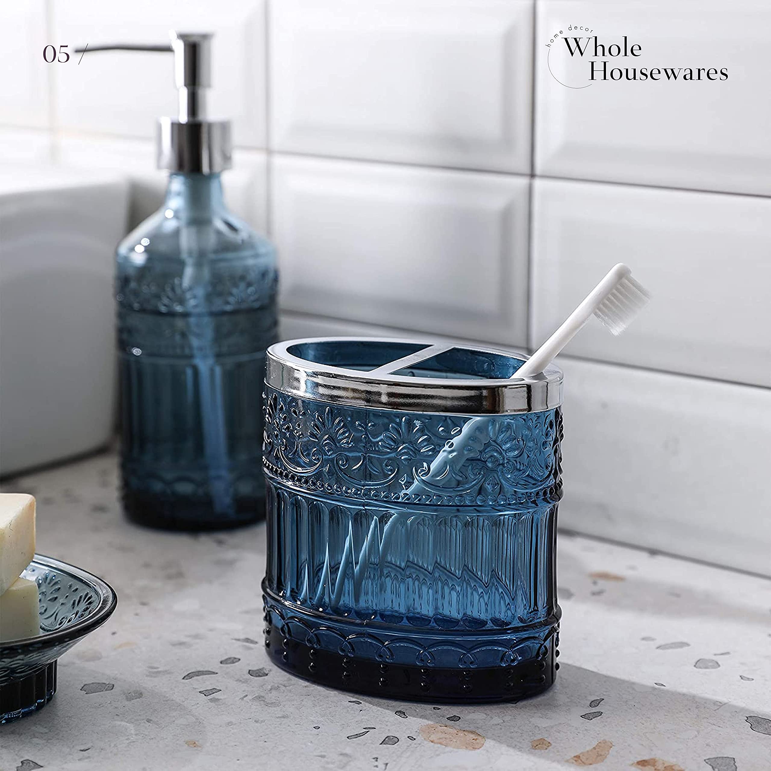 4-Piece Blue Glass Bathroom Accessories Set - Soap Dispenser, Toothbrush Holder, Vanity Tray & Jar - Elegant Boho Style Countertop Organizer for Bathroom Decor - Perfect for Modern, Farmhouse or Coastal Style Homes