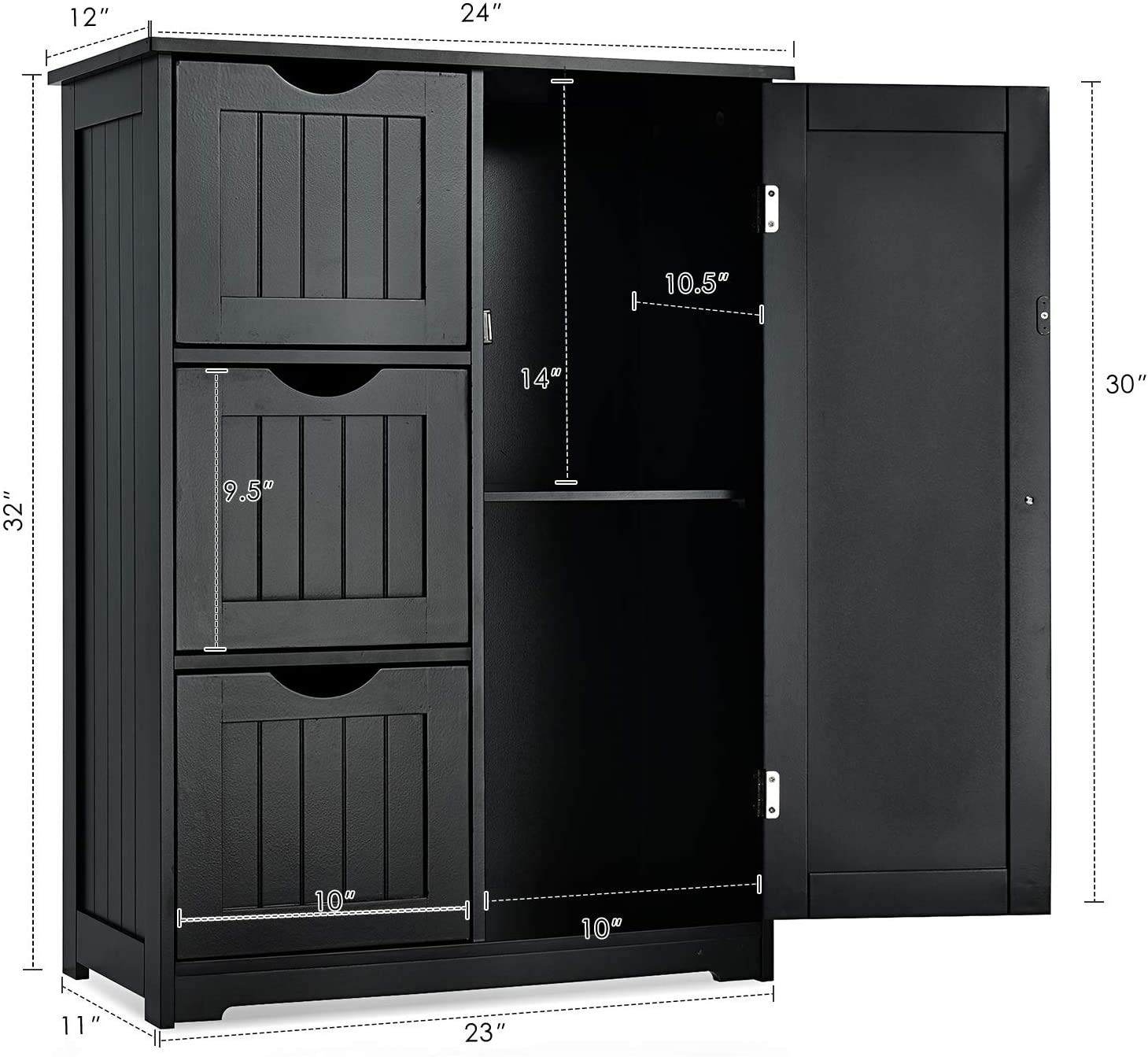 LDAILY Mocha Bathroom Floor Storage Cabinet - 3 Drawers & Adjustable Shelf, Freestanding Organizer for Bathroom, Entryway, Home Office (Black) | Perfect for Small Spaces, Towel Storage & Home Organization