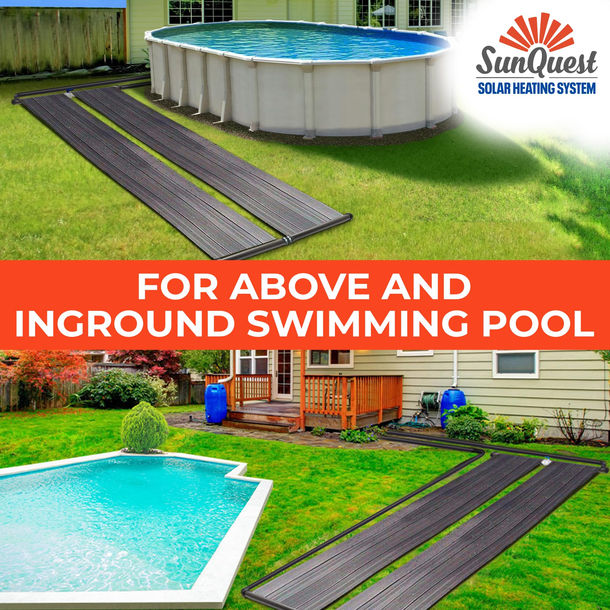 SunQuest Solar Pool Heater Panels - 2 Pack High Efficiency Solar Water Heating System for Above Ground Pools with Max-Flow Design (2'x20') - Includes Couplers & Diverter Valve - Perfect for Extending Swimming Season & Energy Savings