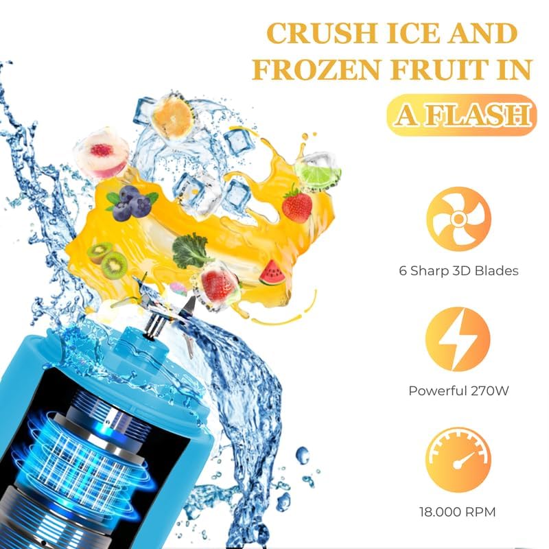 WIZTRONIX 21oz Portable Blender - Cordless, BPA-Free, USB-C Rechargeable with Stainless Steel Blades - Perfect for Smoothies, Protein Shakes & Cocktails On The Go, Gym, Office & Travel - Blue Personal Blender Cup Included