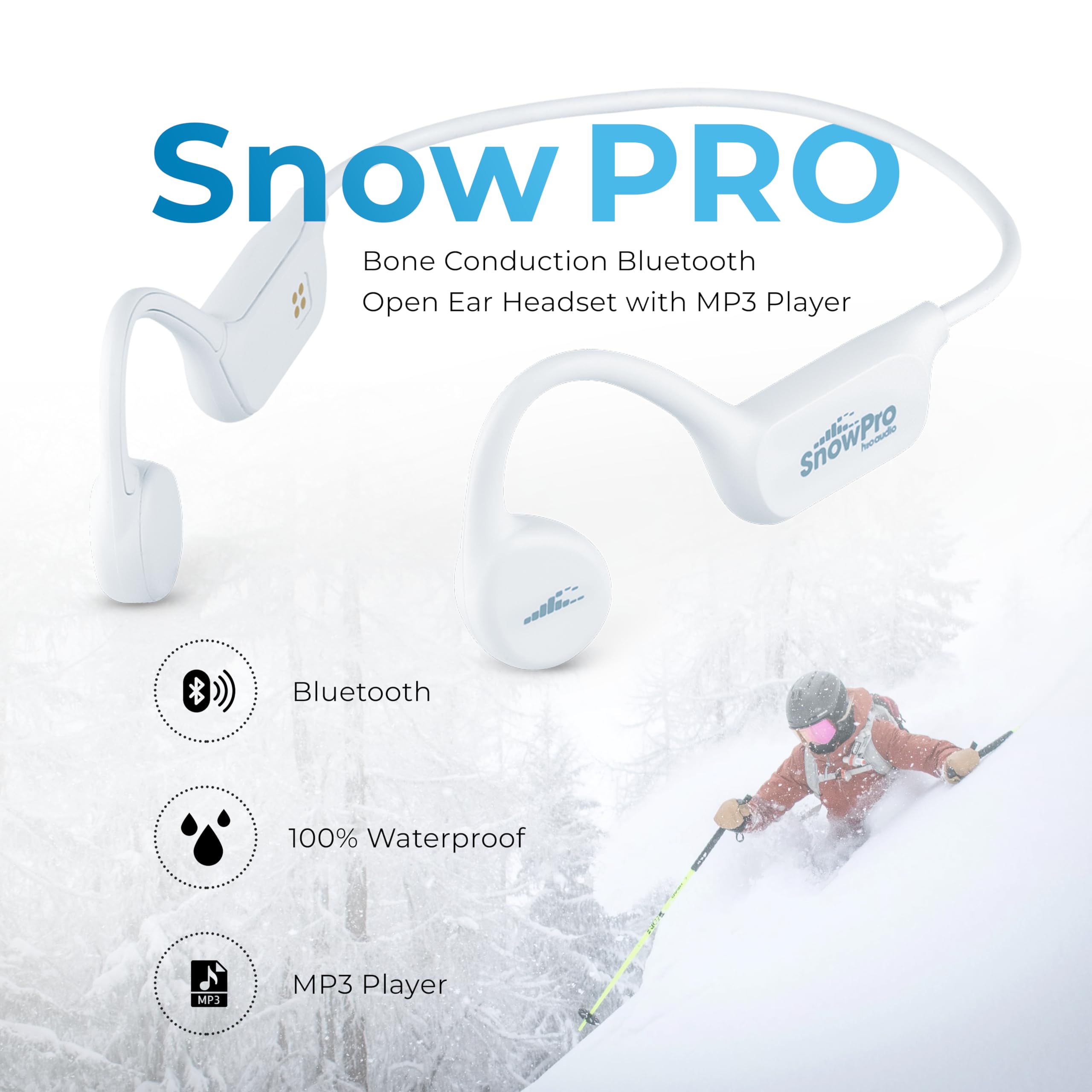 H2O Audio Snow PRO Bone Conduction Bluetooth Open Ear Headphones with MP3 Player - IPX8 Waterproof Wireless Sports Headset for Skiing, Snowboarding, Running, Cycling & Workout - Comfortable Secure Fit (White) - Perfect for Outdoor Winter Sports & Active Lifestyle
