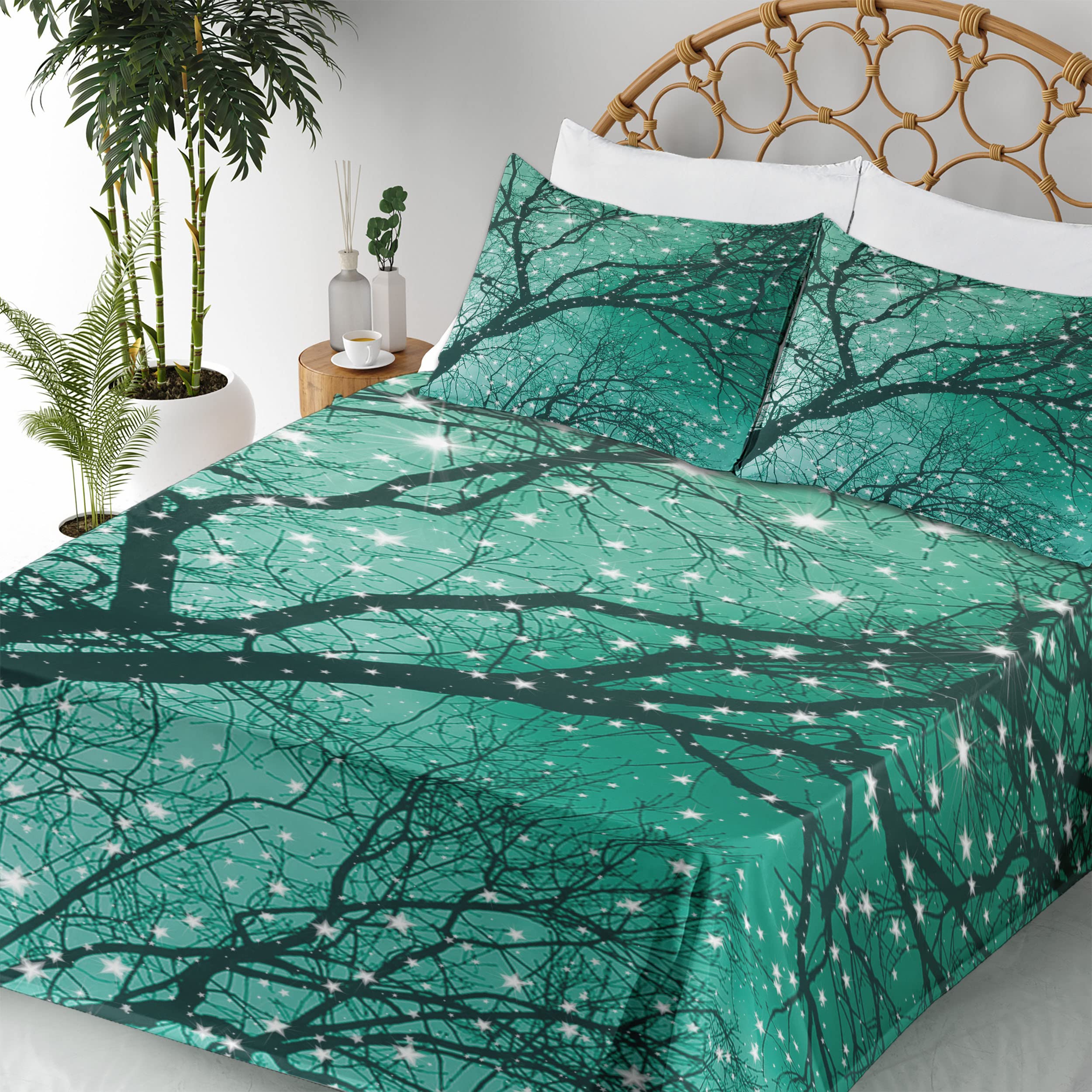 Ambesonne 4-Piece King Size Sheet Set - Monochrome Winter Tree & Stars Design, Fitted & Flat Sheets with Pillowcases, Dark Teal & Sea Green - Perfect for Cozy Winter Nights & Holiday Bedroom Decor